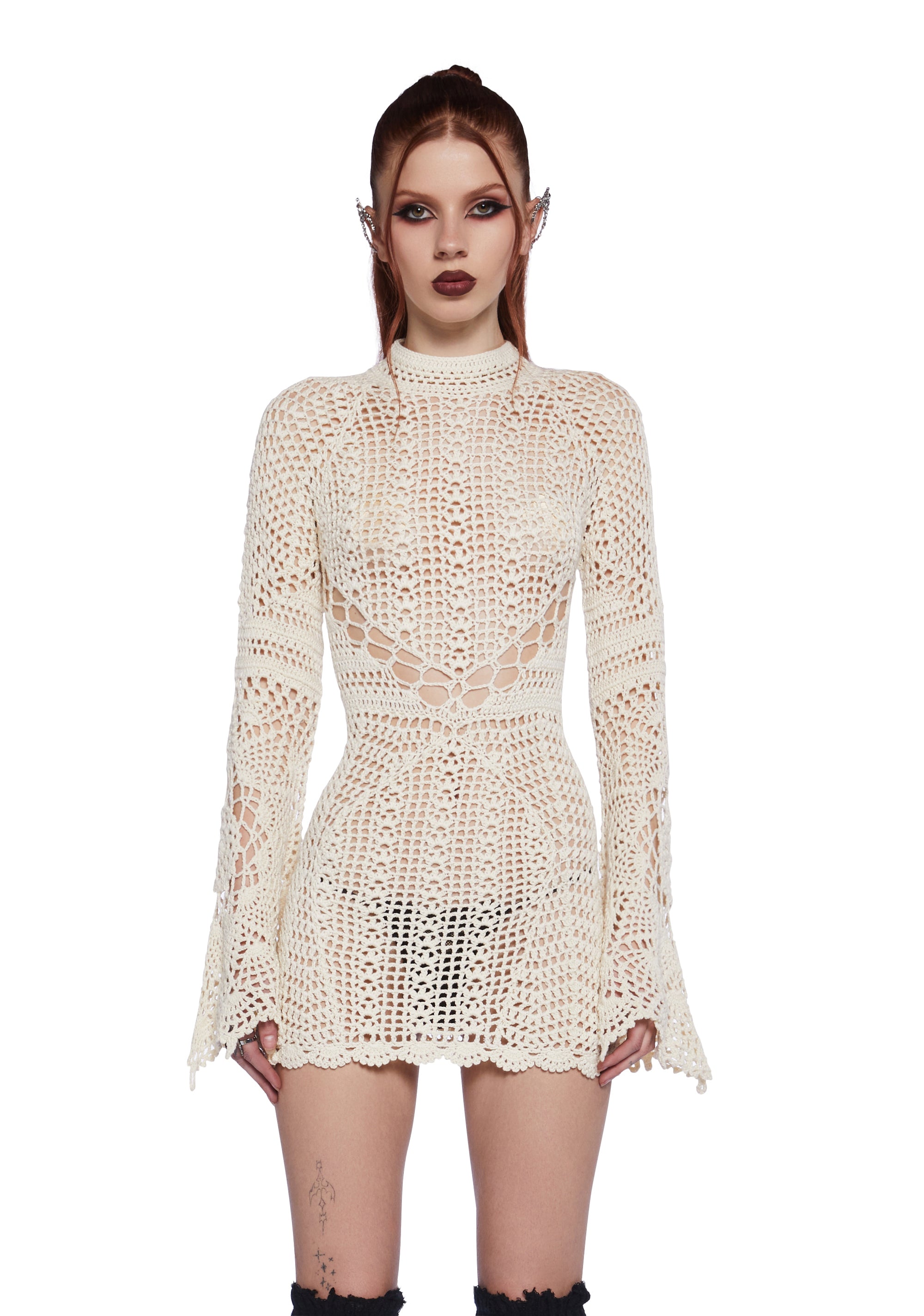 Widow Sheer Crochet Bell Sleeve Mini Dress With Open Back Festival Fairycore - White Dolls Kill Widow Sheer Crochet Bell Sleeve Mini Dress With Open Back Festival Fairycore - White Dolls Kill