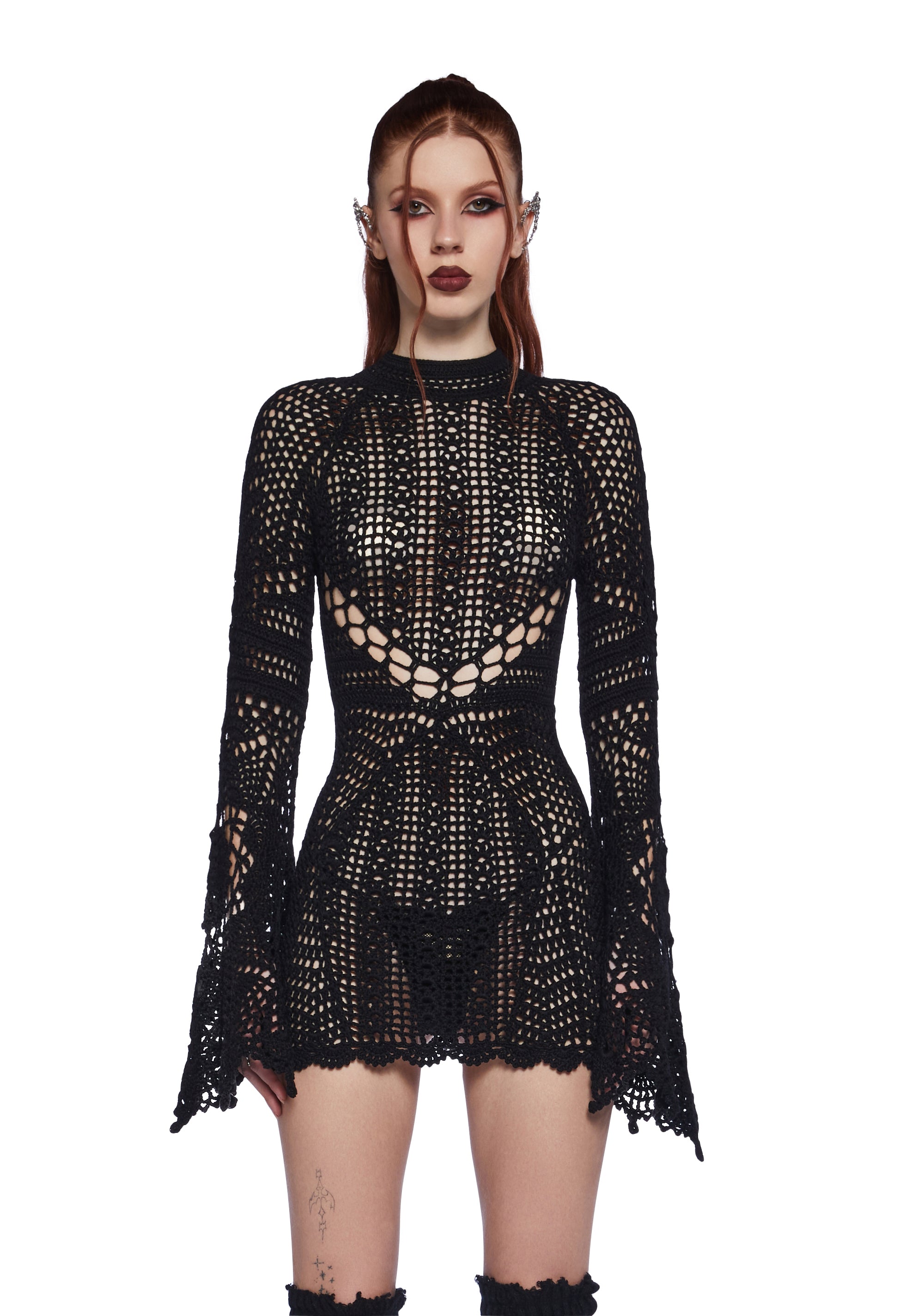 Widow Sheer Crochet Bell Sleeve Mini Dress With Open Back Festival Fairycore - Black Dolls Kill Widow Sheer Crochet Bell Sleeve Mini Dress With Open Back Festival Fairycore - Black Dolls Kill