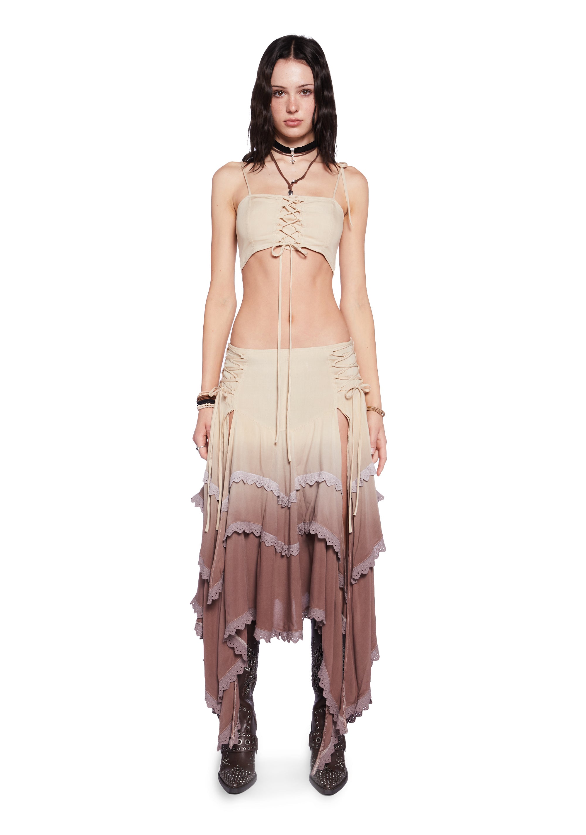 Current Mood Dip Dye Cropped Cami Lace-Up Maxi Handkerchief Skirt Set -  Brown – Dolls Kill