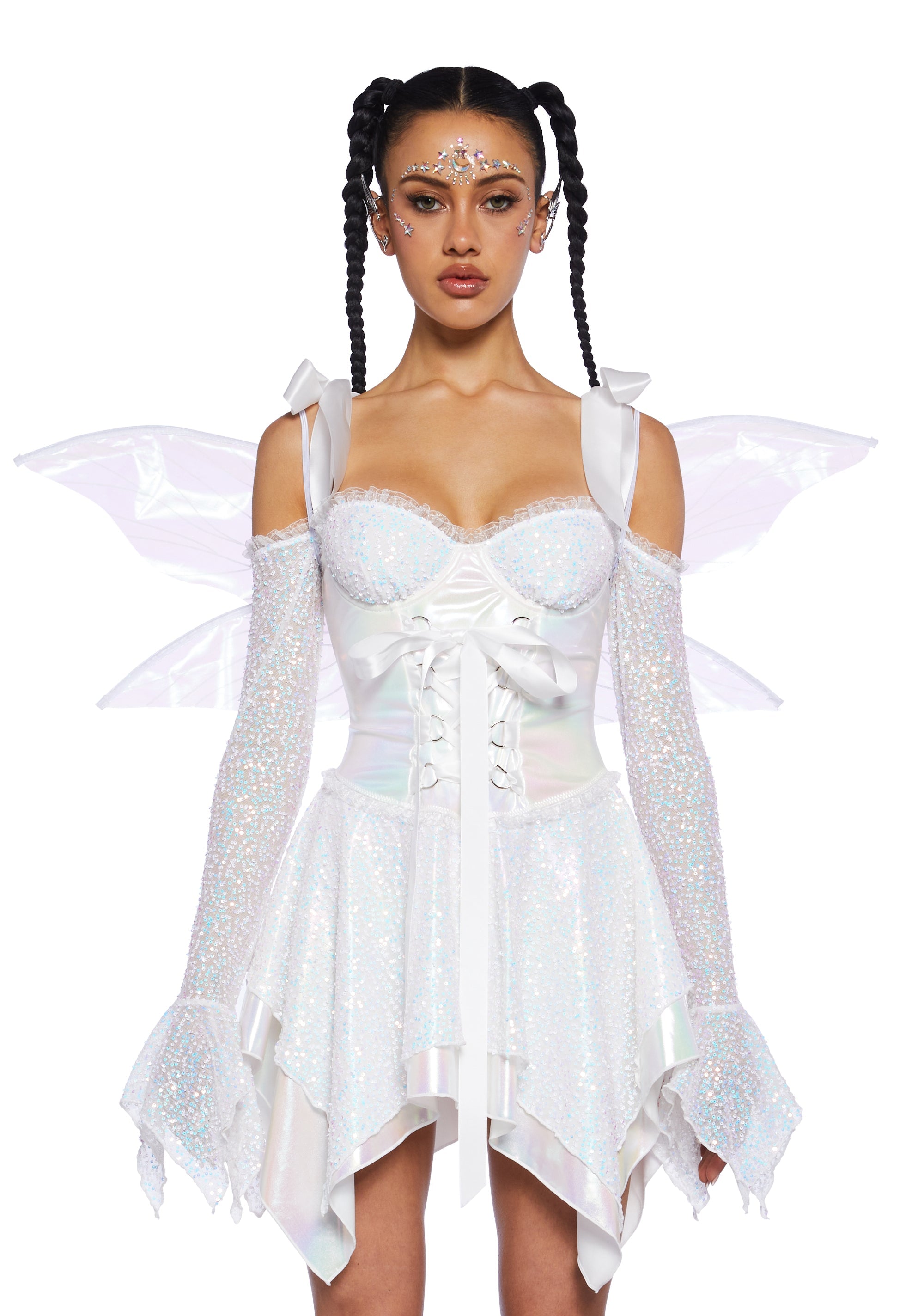 Cyber Fairy Sexy Womans Halloween Costume Sequin Fairycore Glitter Costume - White Cyber Fairy Sexy Womans Halloween Costume Sequin Fairycore Glitter Costume - White