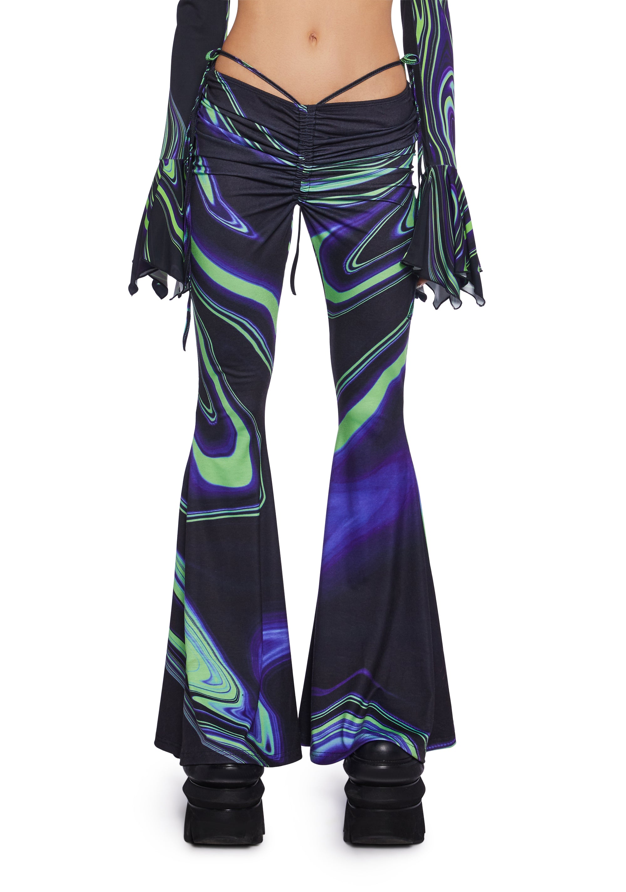 Club Exx Swirly Print Flared Pants With Tie Straps On The Club Exx Swirly Print Flared Pants With Tie Straps On The