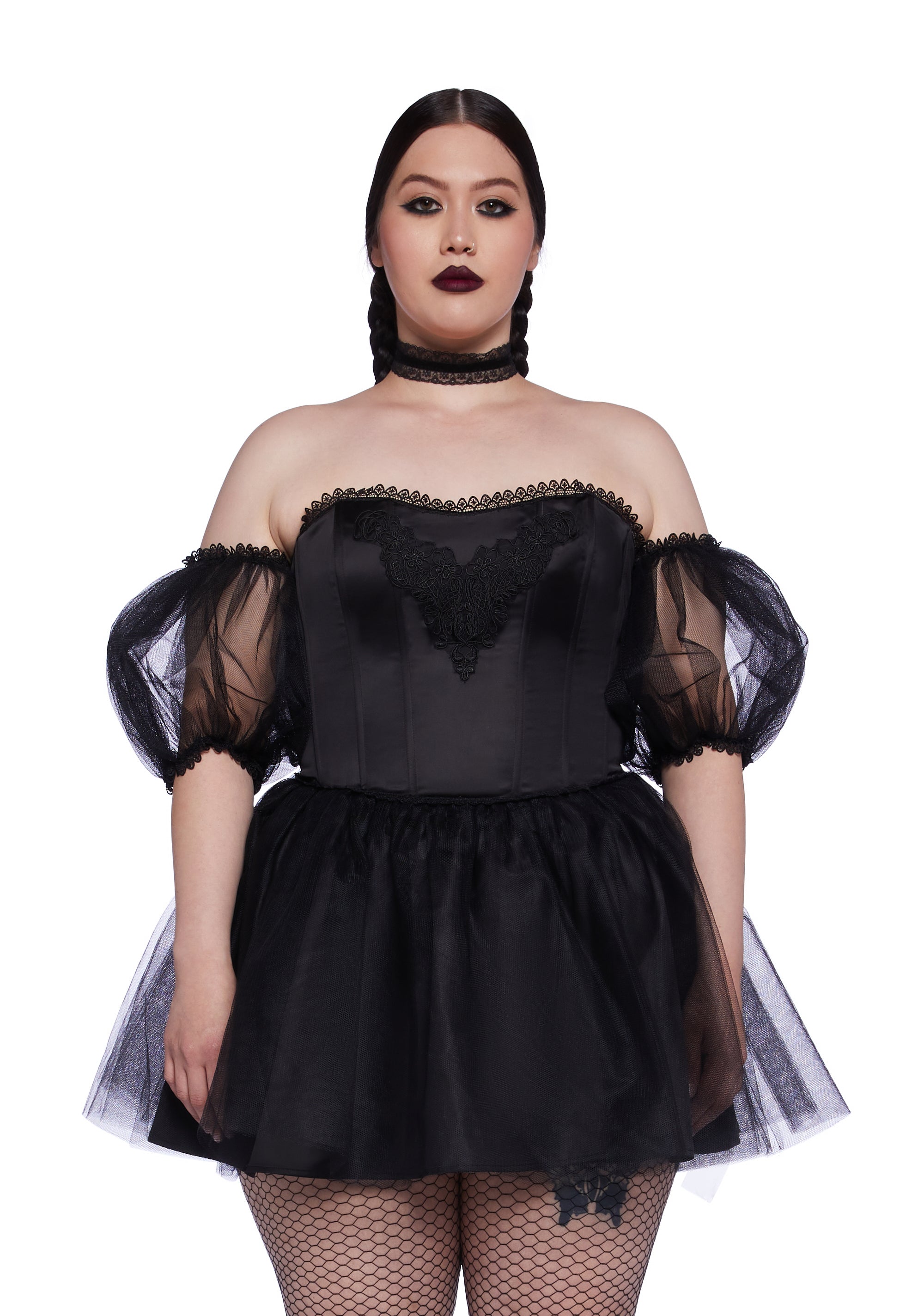 Plus Size Widow Goth Satin Mesh Puff Sleeve Corset Mini Dress