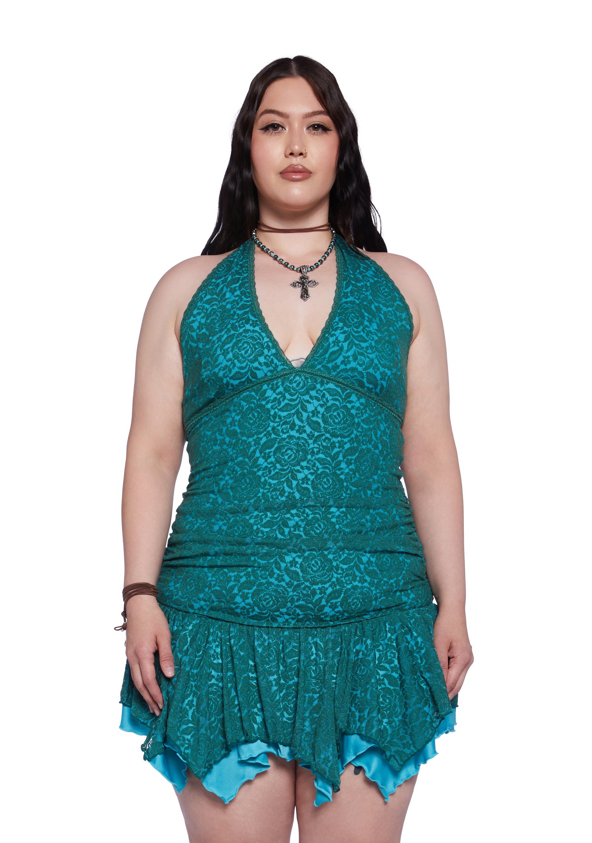 Plus Size Current Mood Rose Lace Halter Mini Dress With Handkerchief Hem Fairycore - Blue Dolls Kill Plus Size Current Mood Rose Lace Halter Mini Dress With Handkerchief Hem Fairycore - Blue Dolls Kill