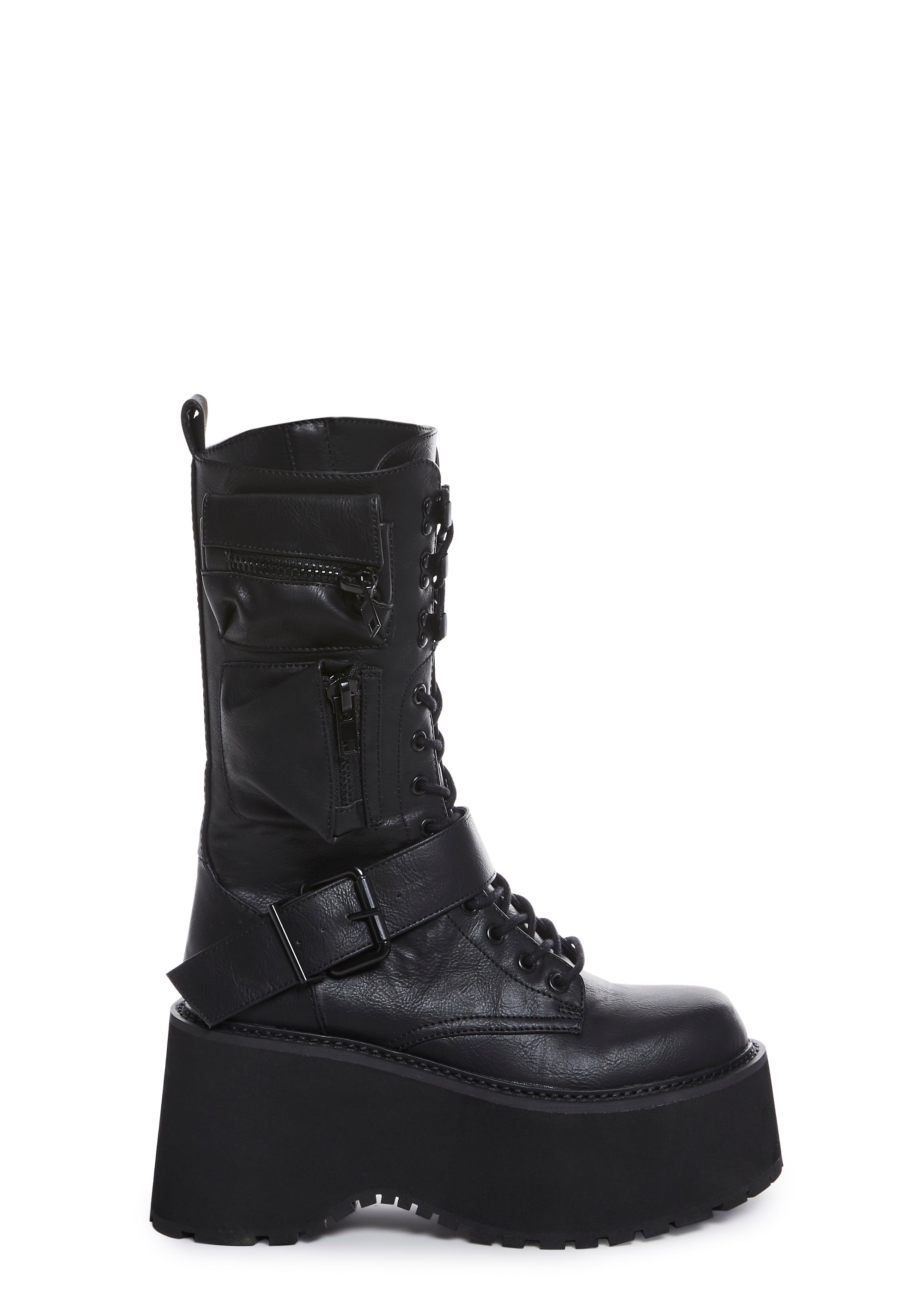 Current Mood Vegan Leather Platform Shoes With Pockets And Lace Up Zipper Closure Black Dolls Kill