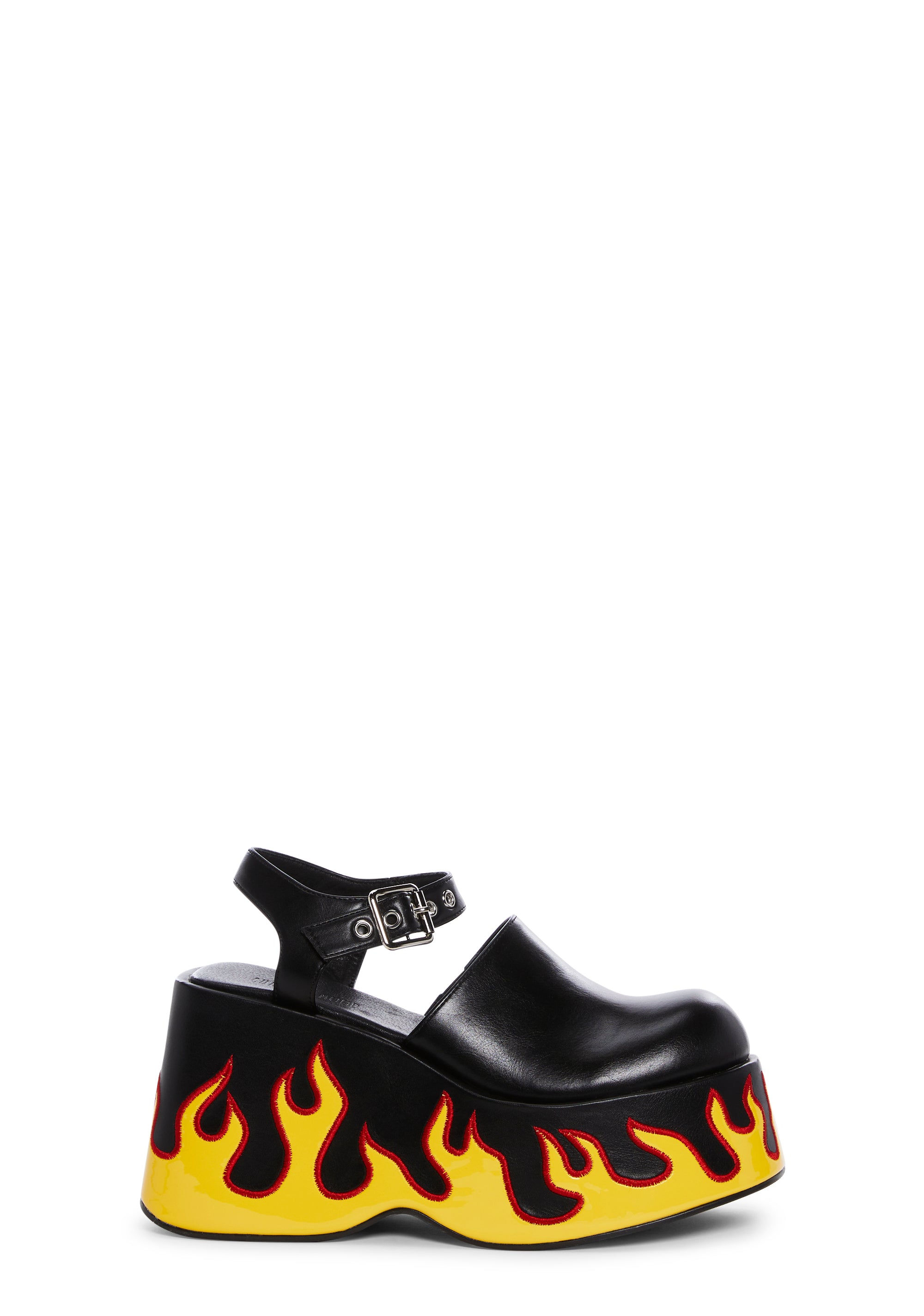 Current Mood Flame Fire Embroidered Platform Sandals Mules - Black – Dolls  Kill