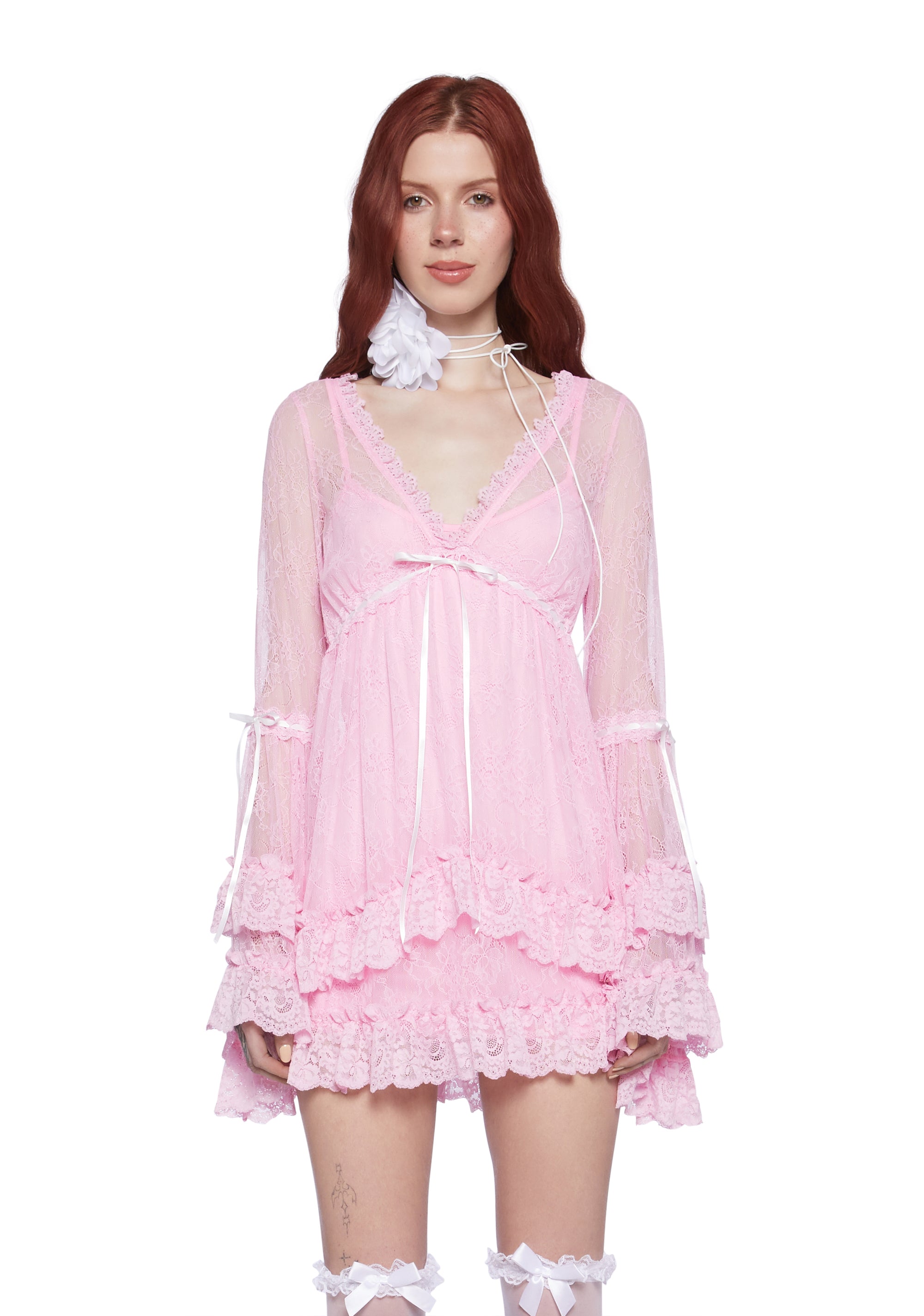 Sugar Thrillz Lace Mini Dress With Bell Sleeves - Pink