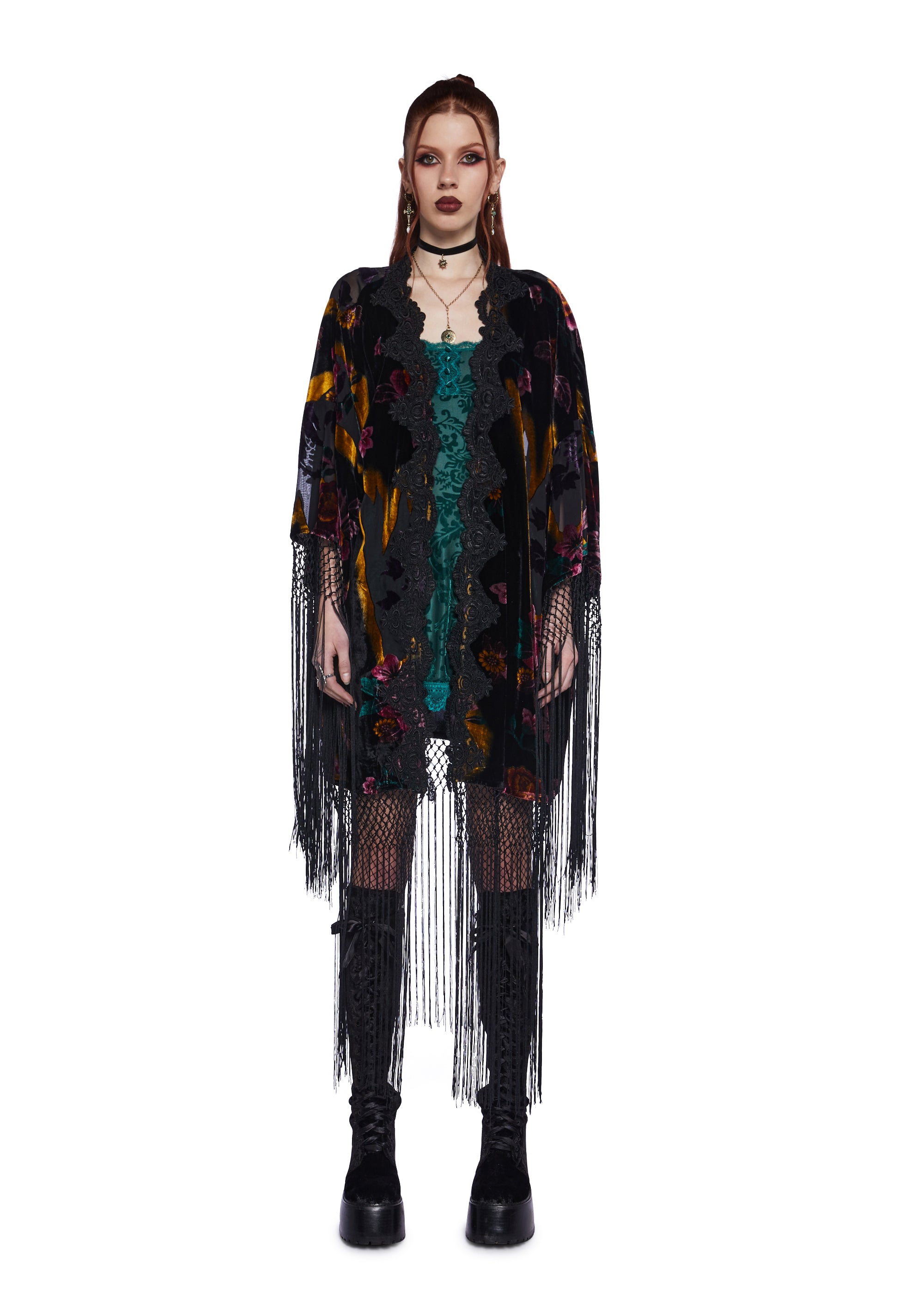 Widow Goth Floral Velvet Lace Fringed Hem Kimono Multi – Dolls Kill