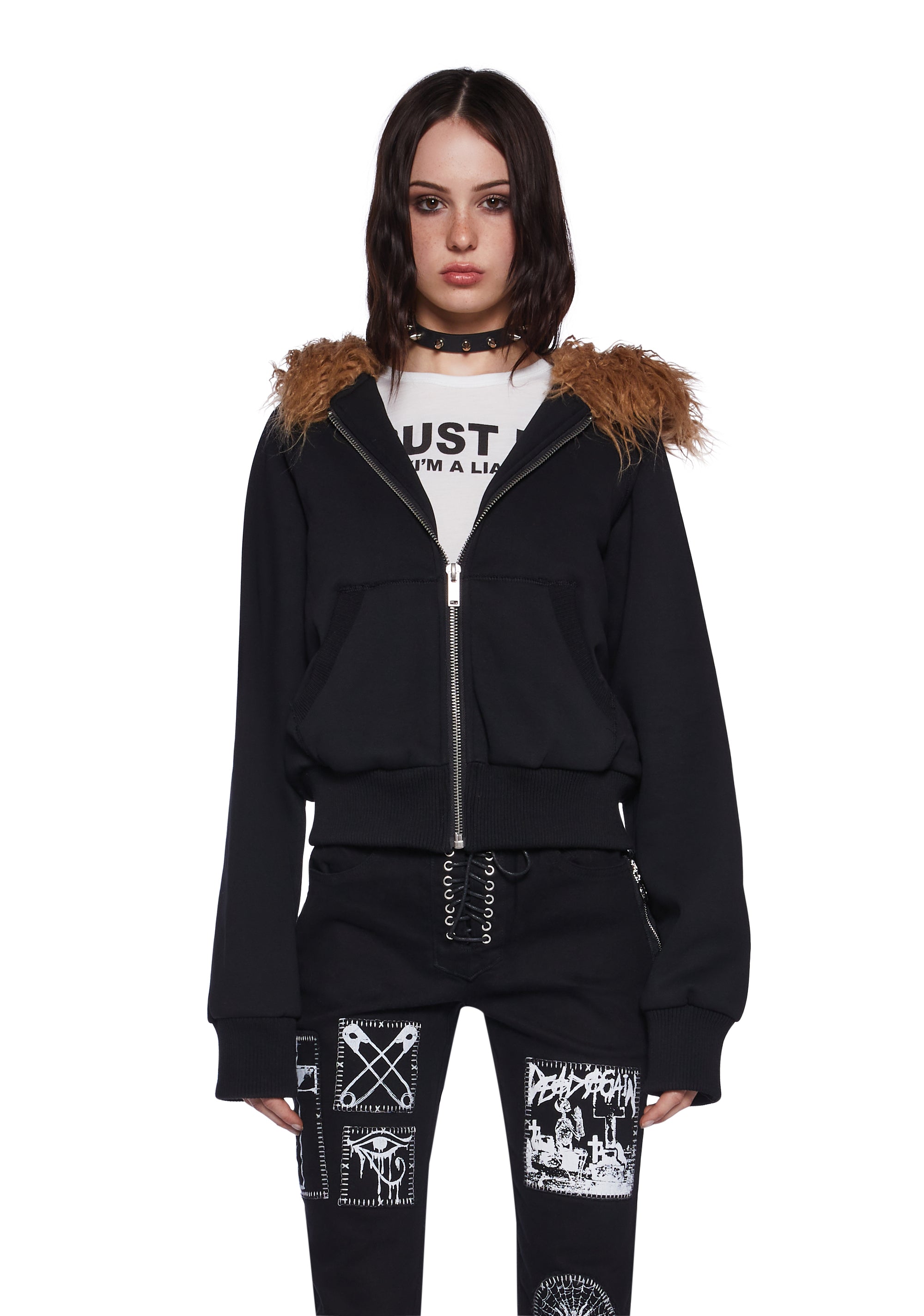 Faux fur zip up hoodie black discount