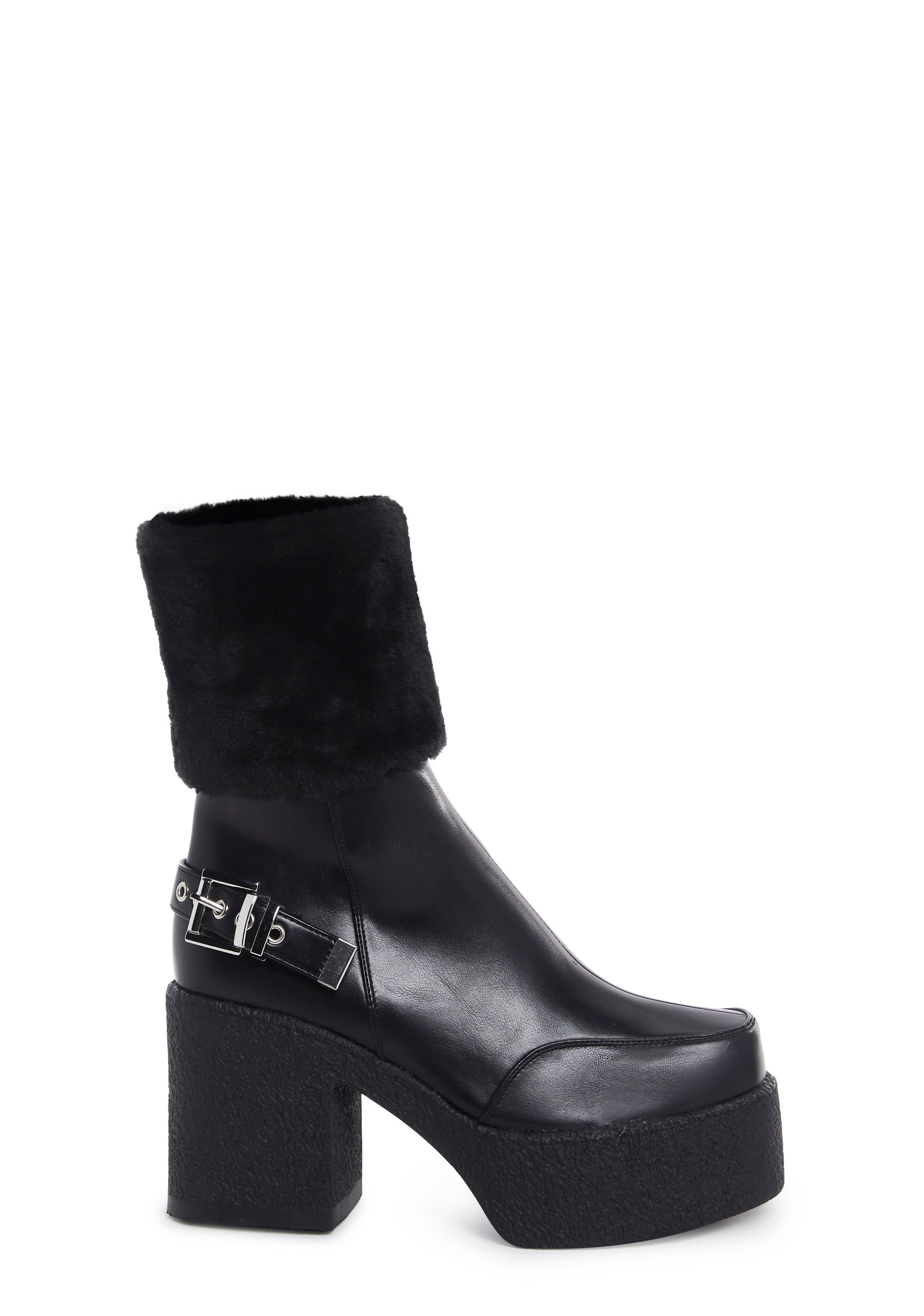 Lamoda Vegan Leather Fur Trim Platform Boots Black – Dolls Kill