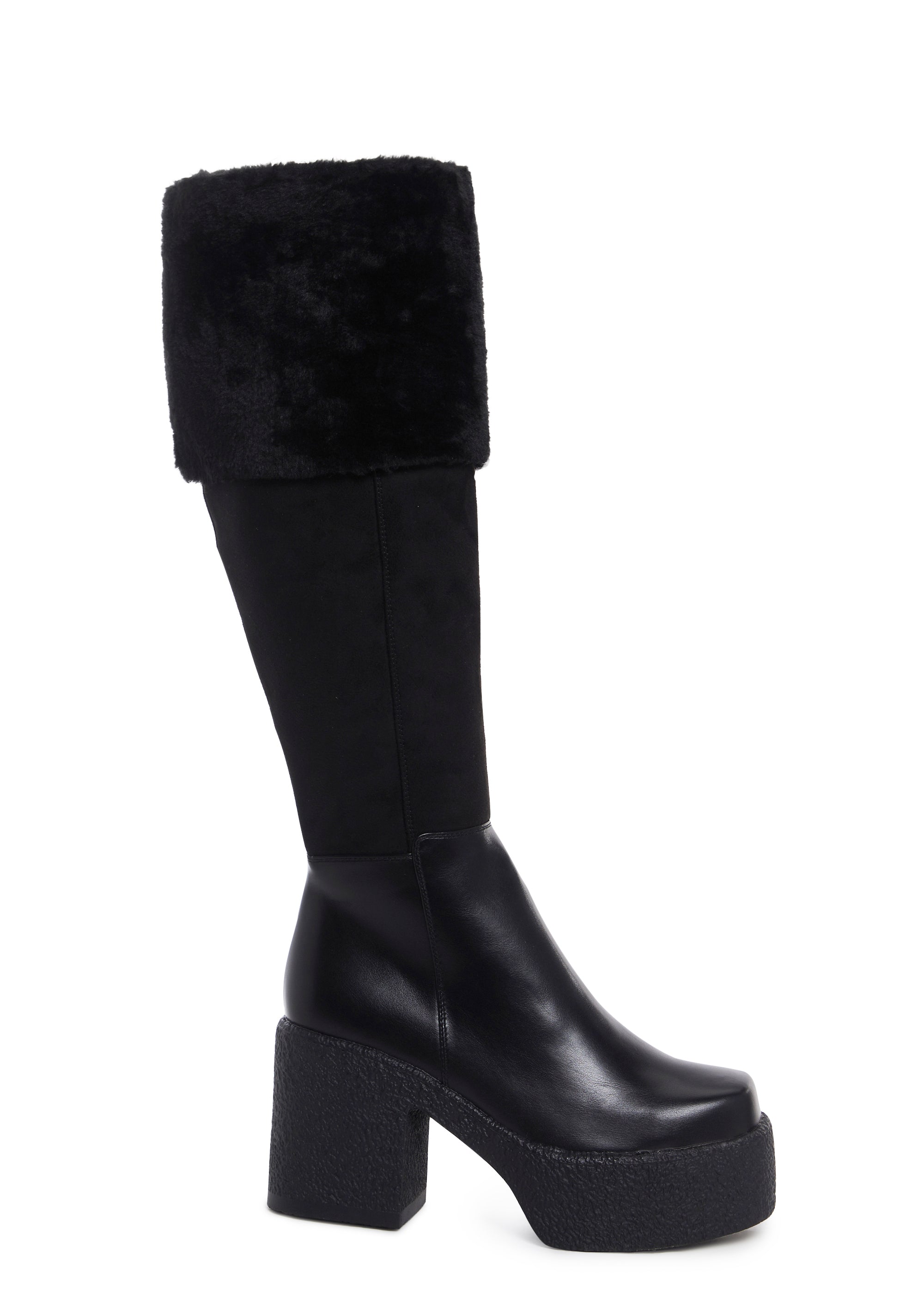 Lamoda Vegan Leather Fur Trim Knee High Platform Boots Black