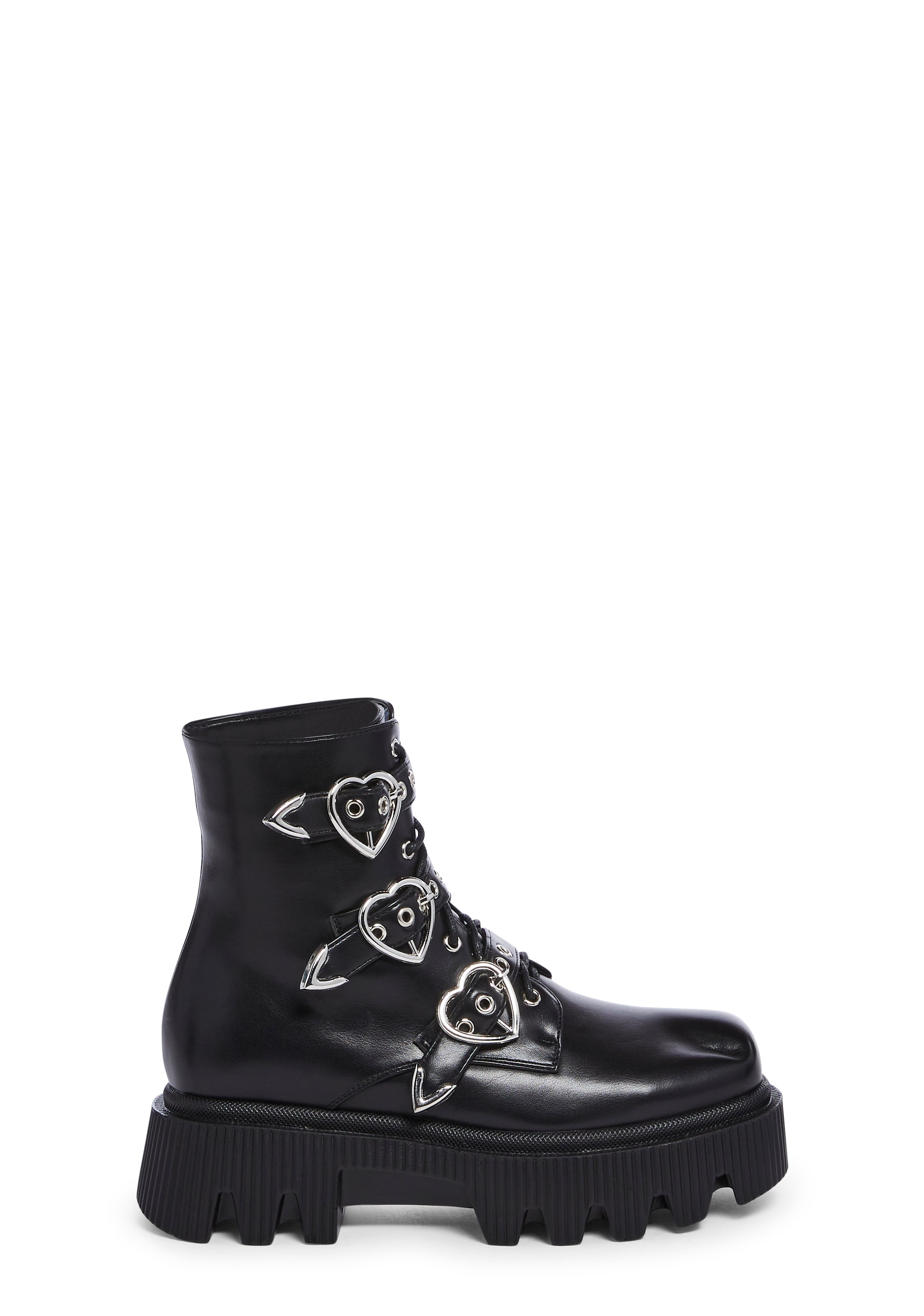 DOLLS KILL Lamoda レオパードハートレースアップブーツ Lamoda Vegan Leather Combat Boots With Heart Shaped Buckles