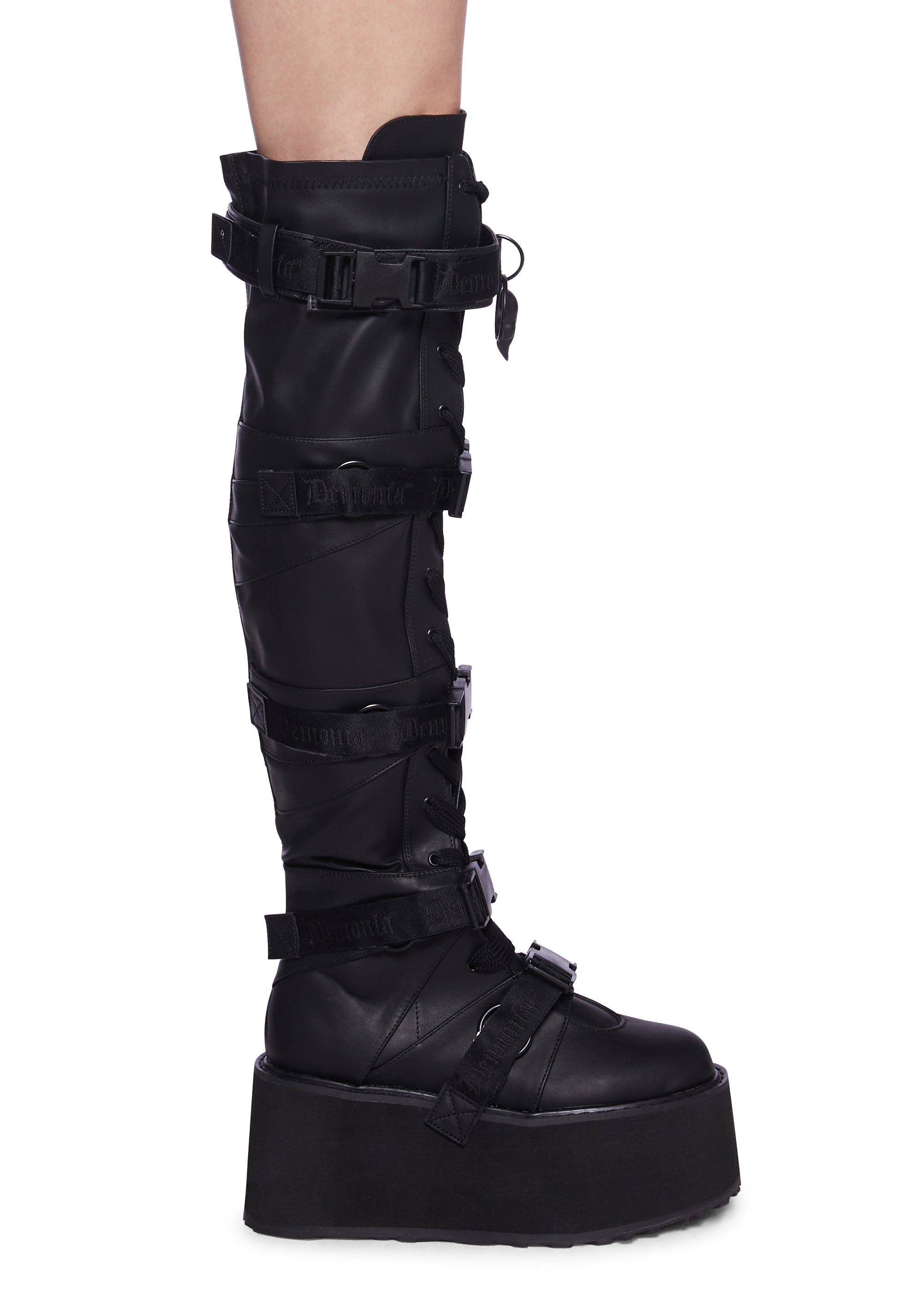 Demonia Vegan Leather Lace Up Skull Zipper Knee High Boots - Black