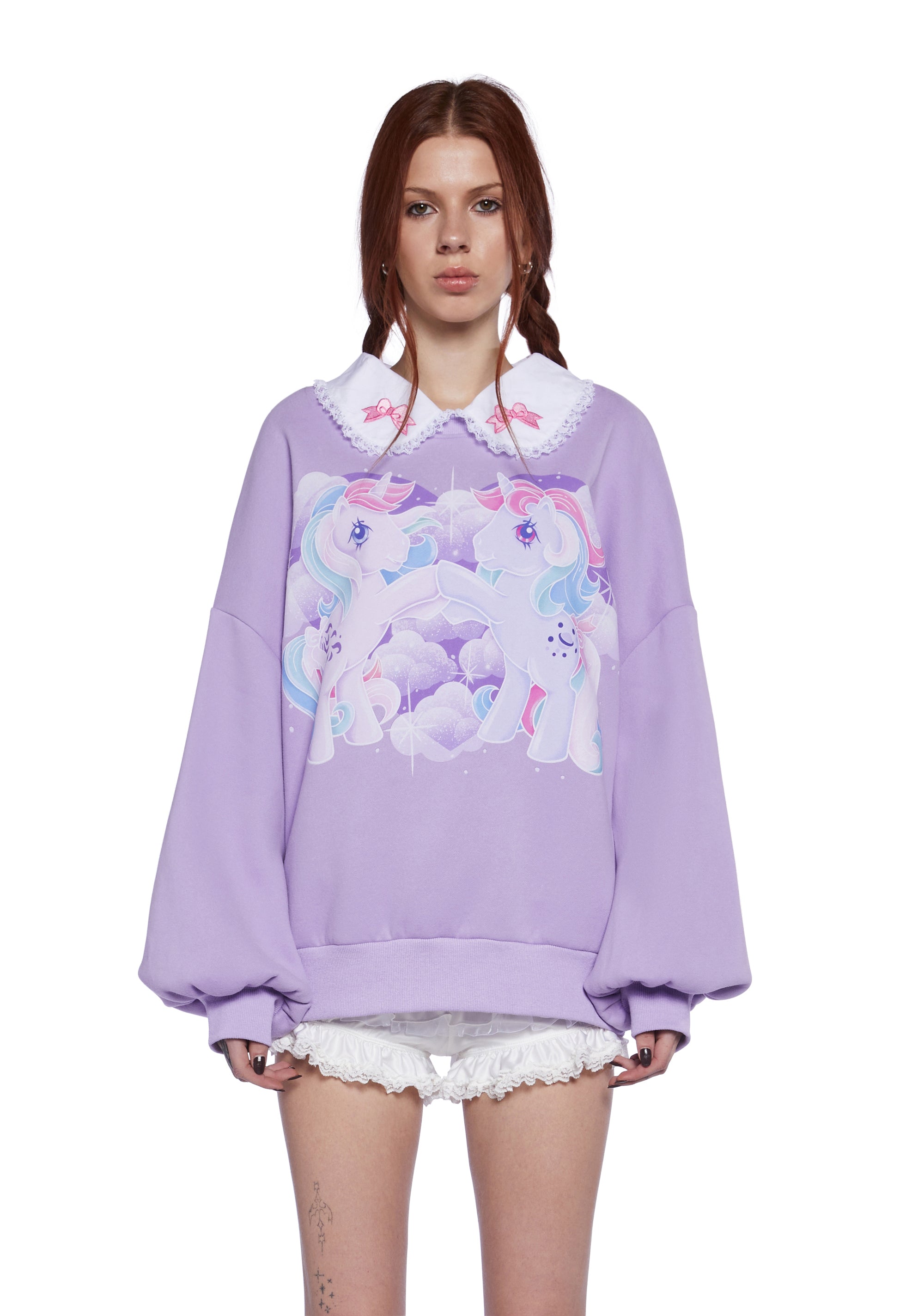 Dolls Kill x My Little Pony 90s Oversized Lace Collared Graphic Sweatshirt Light Purple