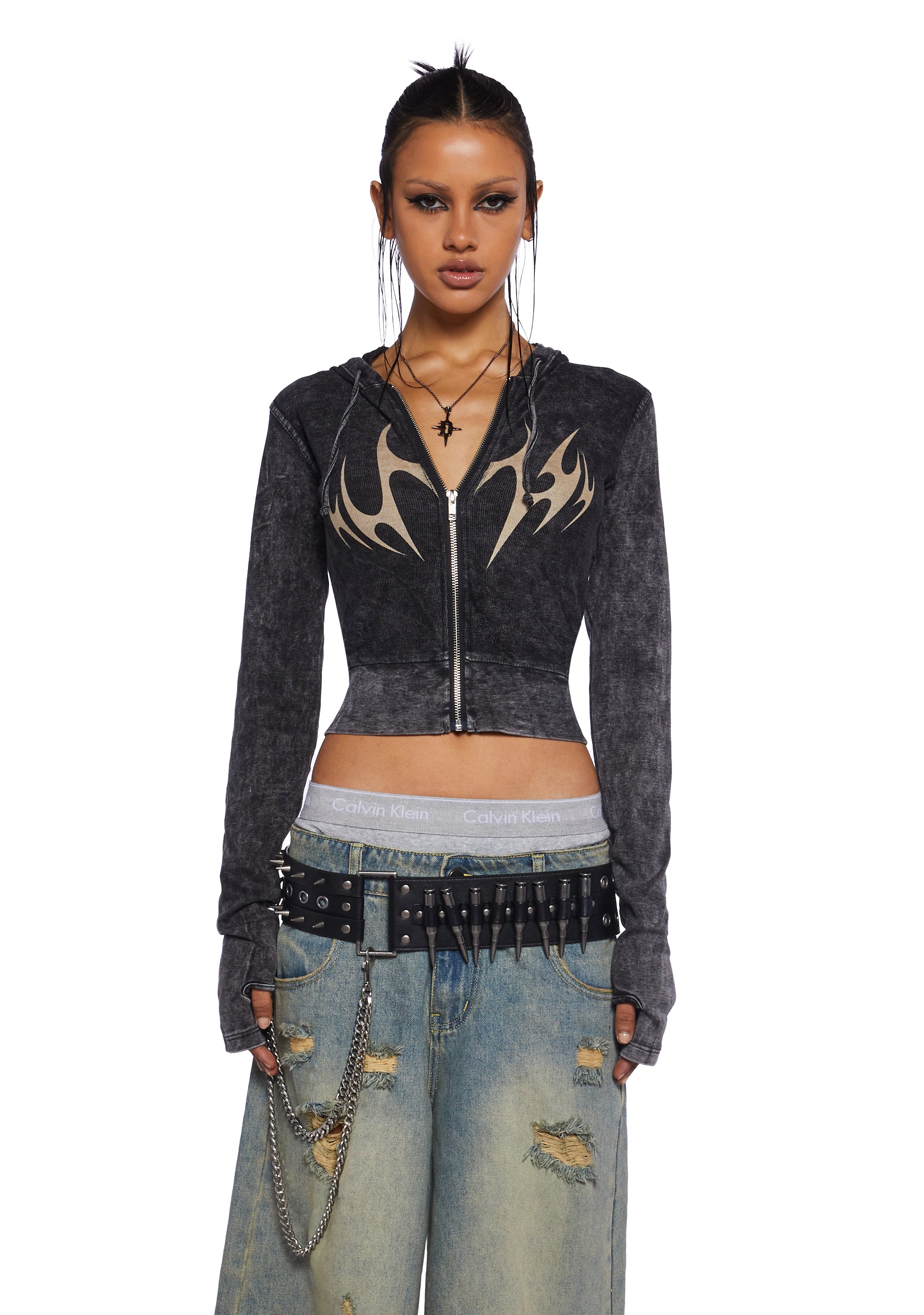 Darker Wavs Washed Cotton Graphic Zip Up Hoodie Gray Dolls Kill