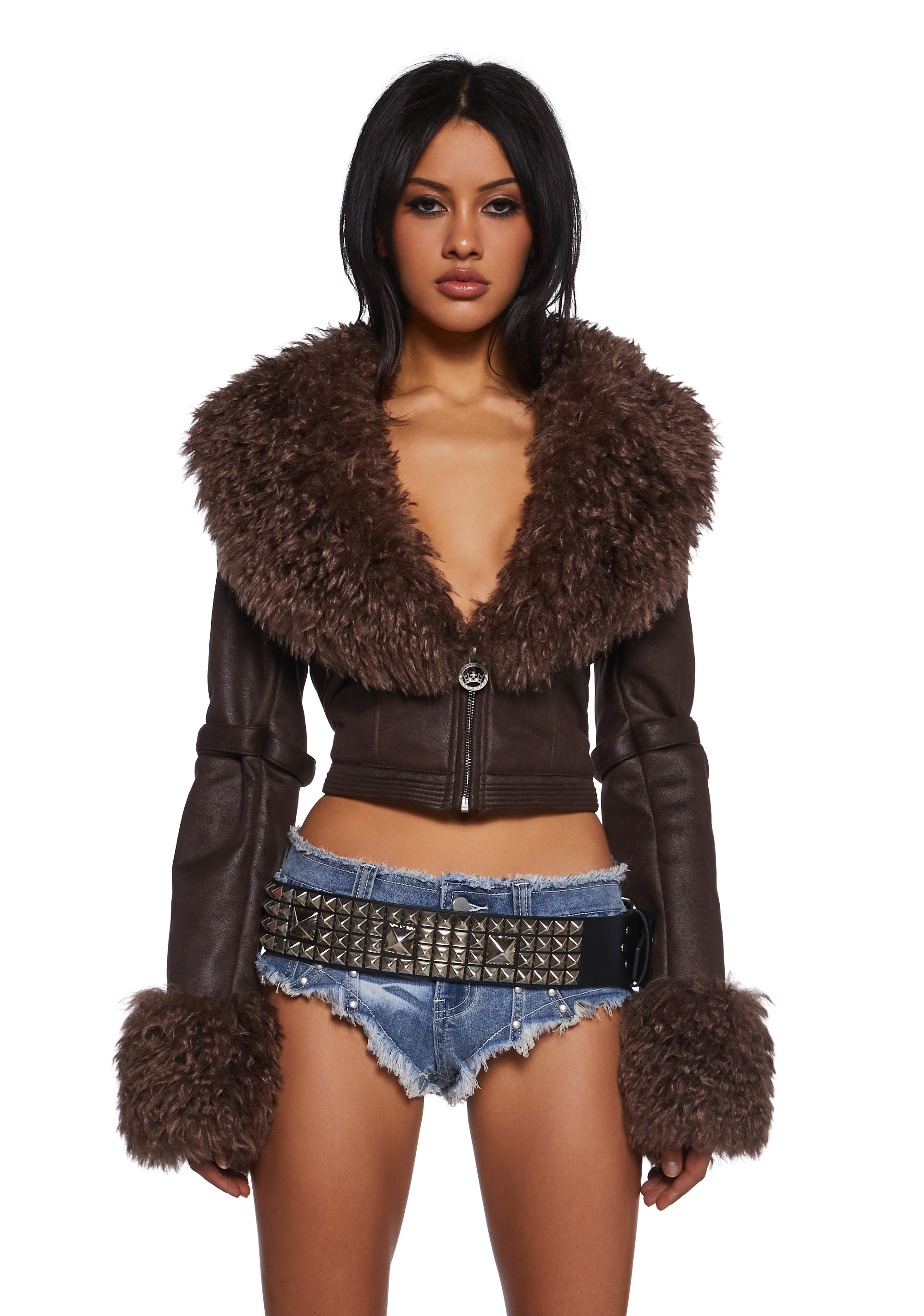 Generation Kiss Faux Fur Trim Vegan Leather Buckle Crop Jacket Brown Dolls Kill