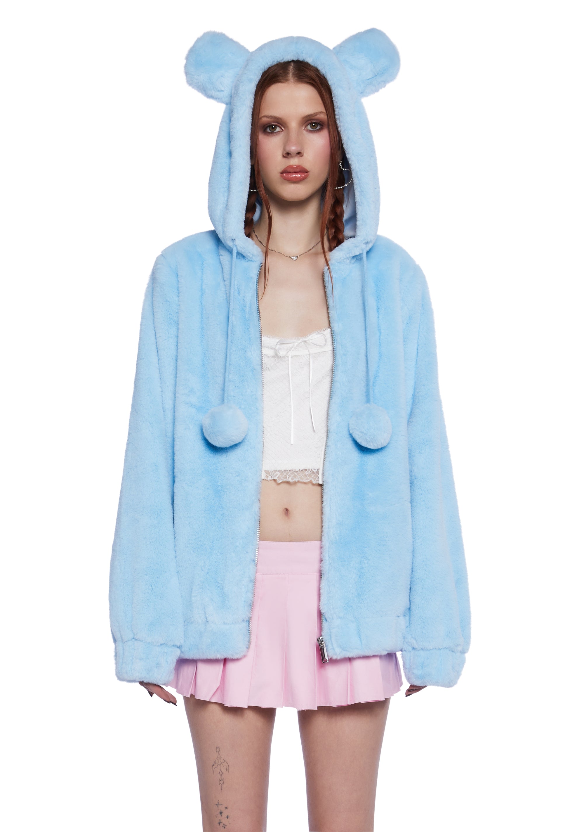 Sugar Thrillz Faux Fur Bear Ear Pom Pom Hoodie Light Blue Dolls Kill