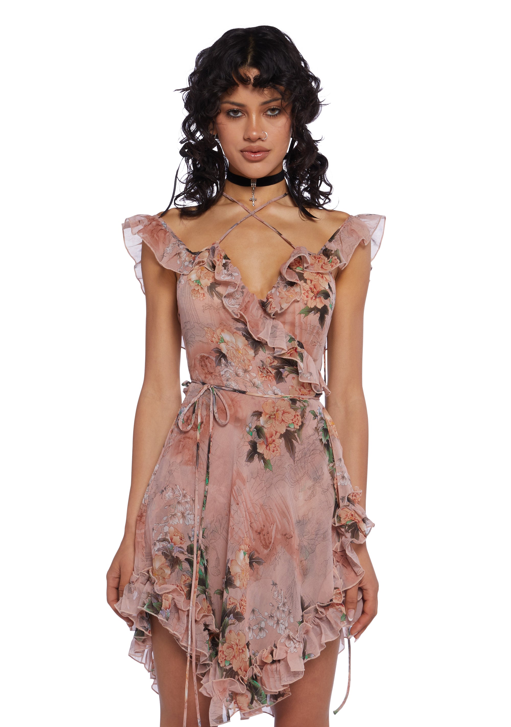 Current Mood Sheer Floral Chiffon Ruffled Wrap Dress - Floral Dolls Kill Current Mood Sheer Floral Chiffon Ruffled Wrap Dress - Floral Dolls Kill