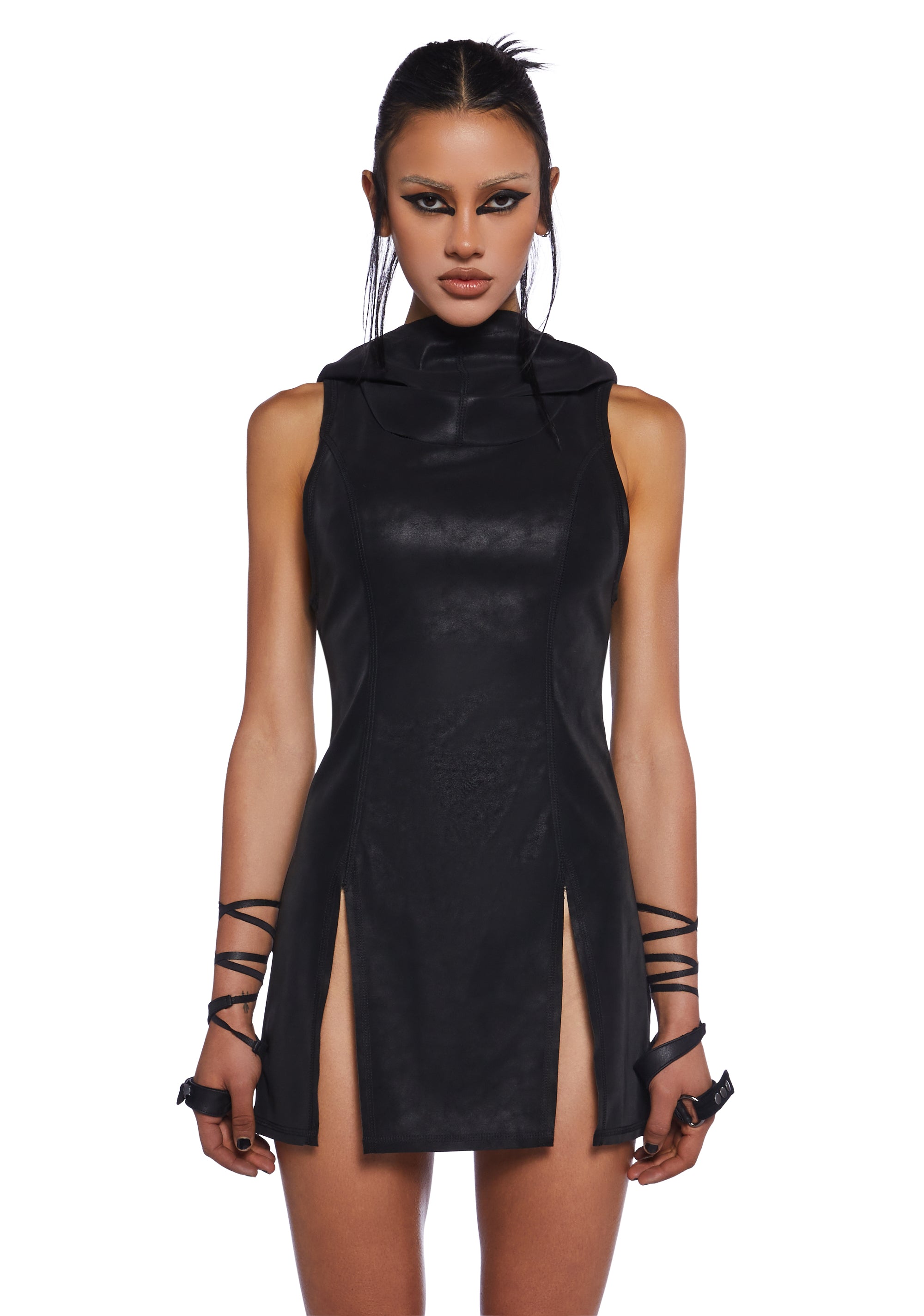 Darker Wavs Vegan Leather Hooded Racerback Mini Dress - Black Dolls Kill Darker Wavs Vegan Leather Hooded Racerback Mini Dress - Black Dolls Kill
