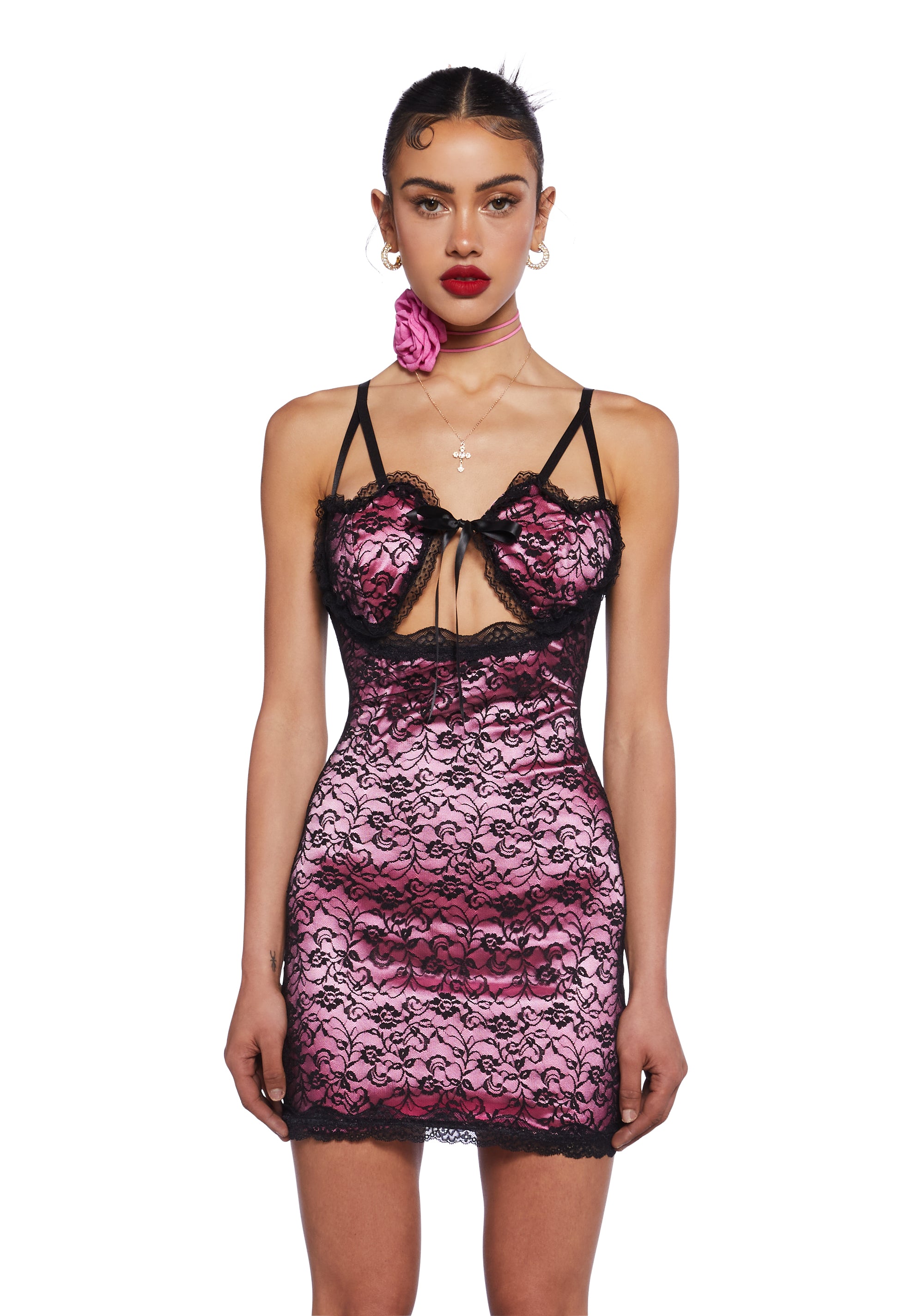 Sugar Thrillz Satin Lace Overlay Heart Bust Mini Dress - Pink/Black Dolls Kill Sugar Thrillz Satin Lace Overlay Heart Bust Mini Dress - Pink/Black Dolls Kill