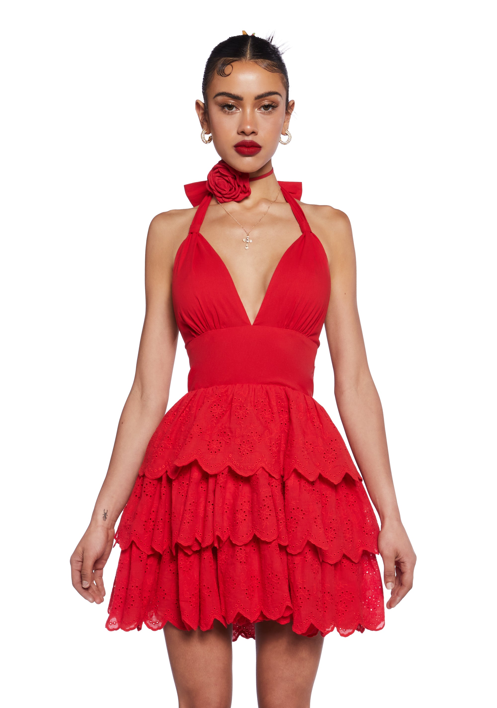 Sugar Thrillz Halter Eyelet Ruffled Mini Dress Red Dolls Kill