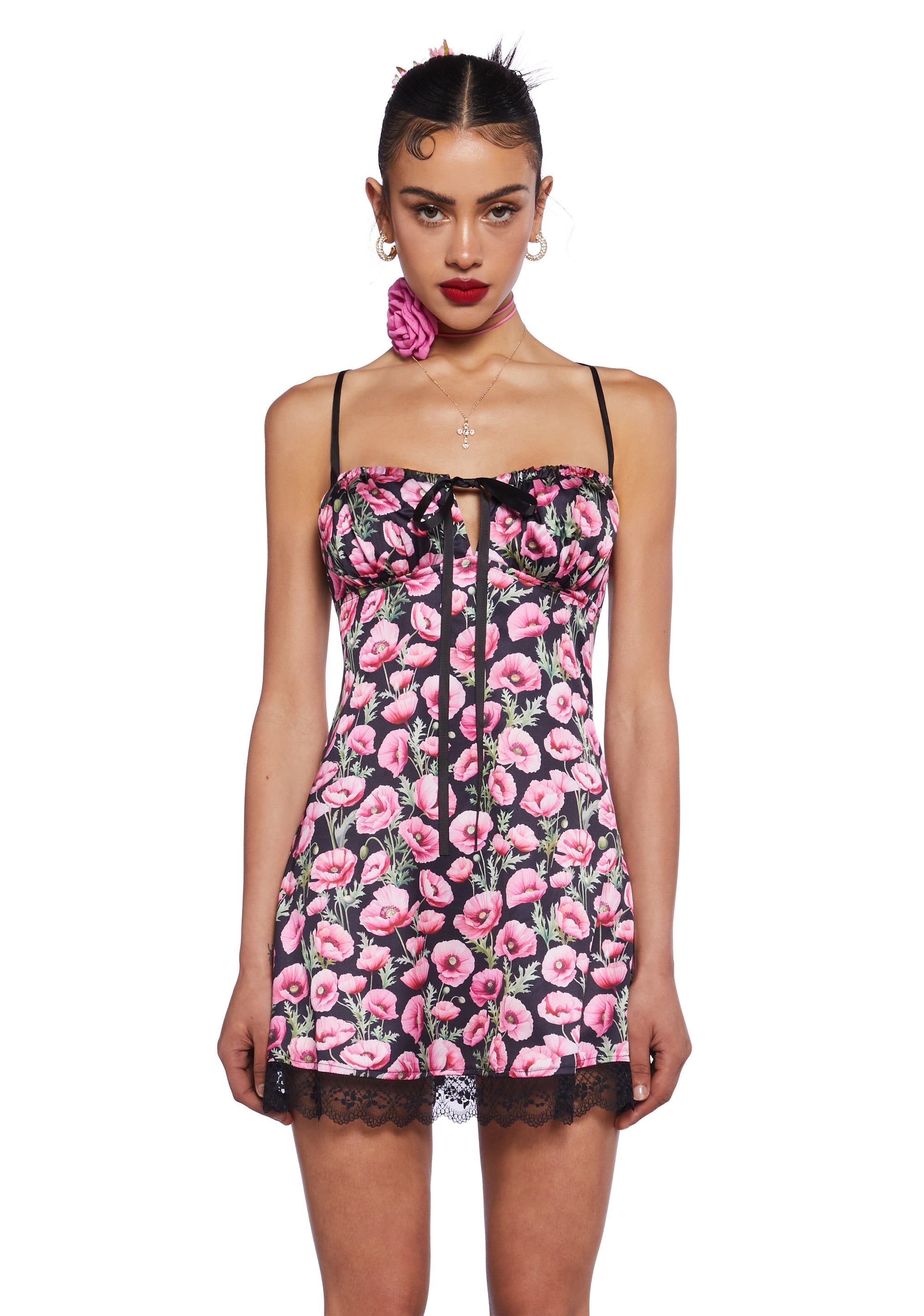 Sugar Thrillz Satin Floral Lace Mini Slip Dress Black – Dolls Kill