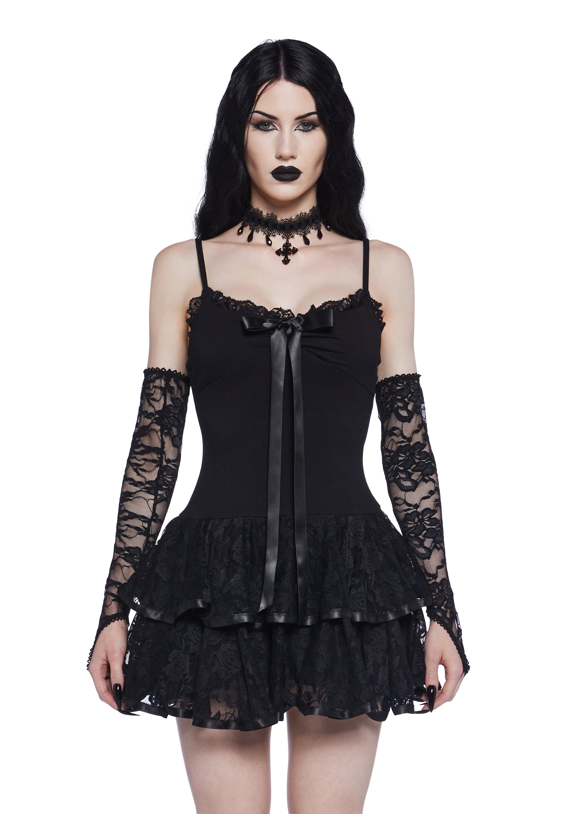 Widow Goth Lolita Stretchy Knit Lace Mini Dress - Black Dolls Kill Widow Goth Lolita Stretchy Knit Lace Mini Dress - Black Dolls Kill