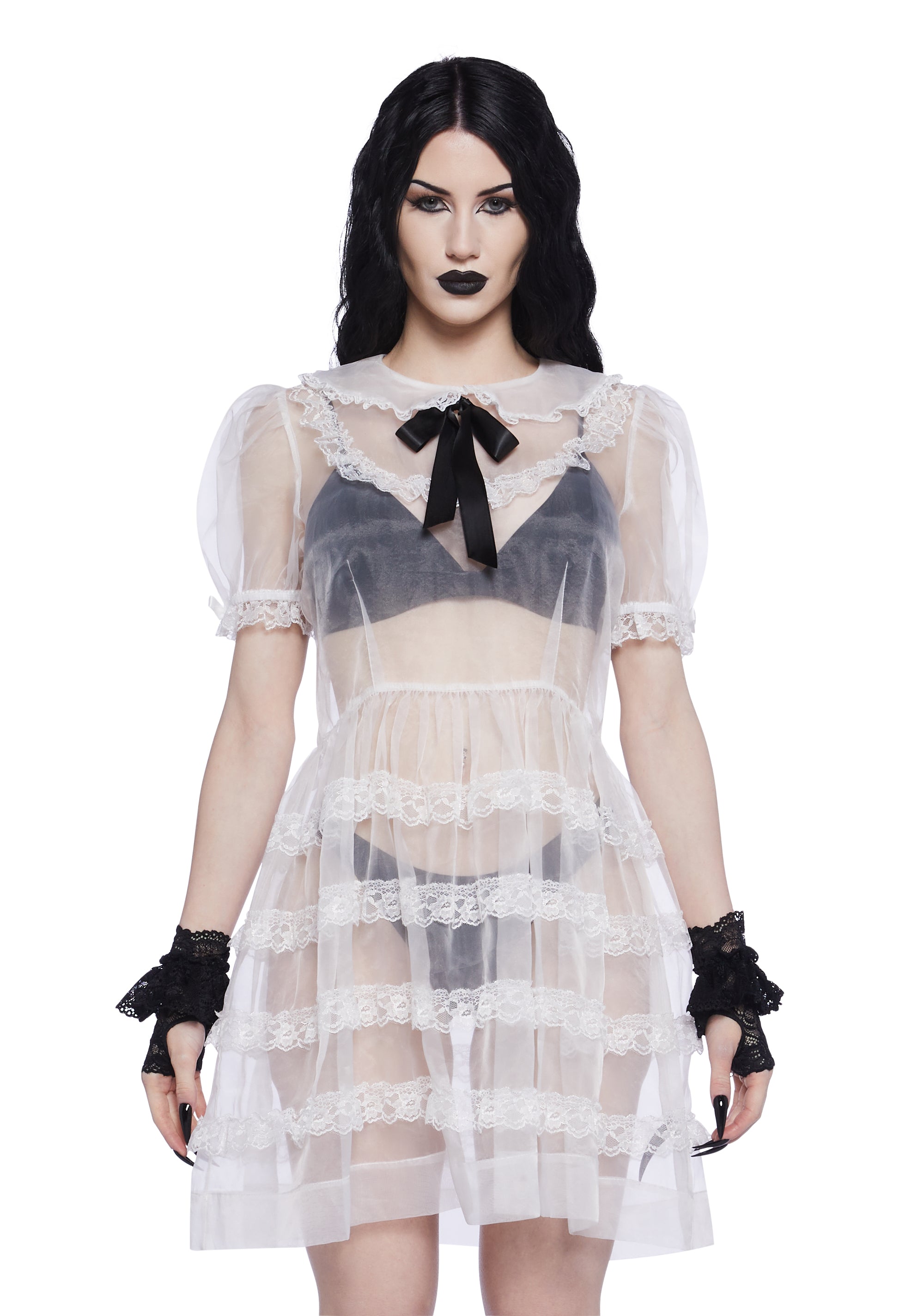 Widow Goth Lolita Sheer Organza Ruffled Lace Babydoll Dress Widow Goth Lolita Sheer Organza Ruffled Lace Babydoll Dress