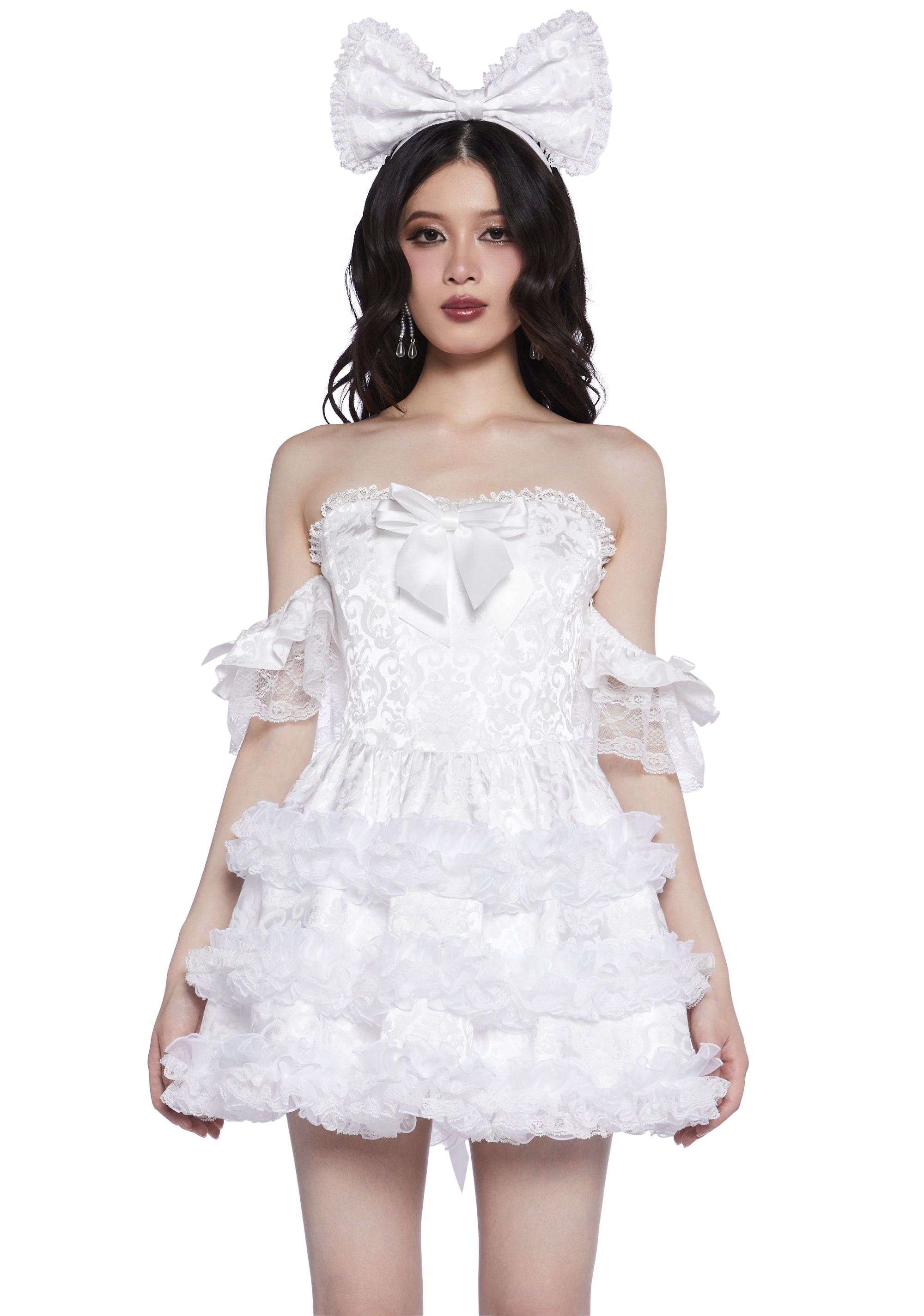 Widow Goth Lolita Sateen Cupcake Tiered Ruffle Mini Dress And Headband -  White  Dolls Kill