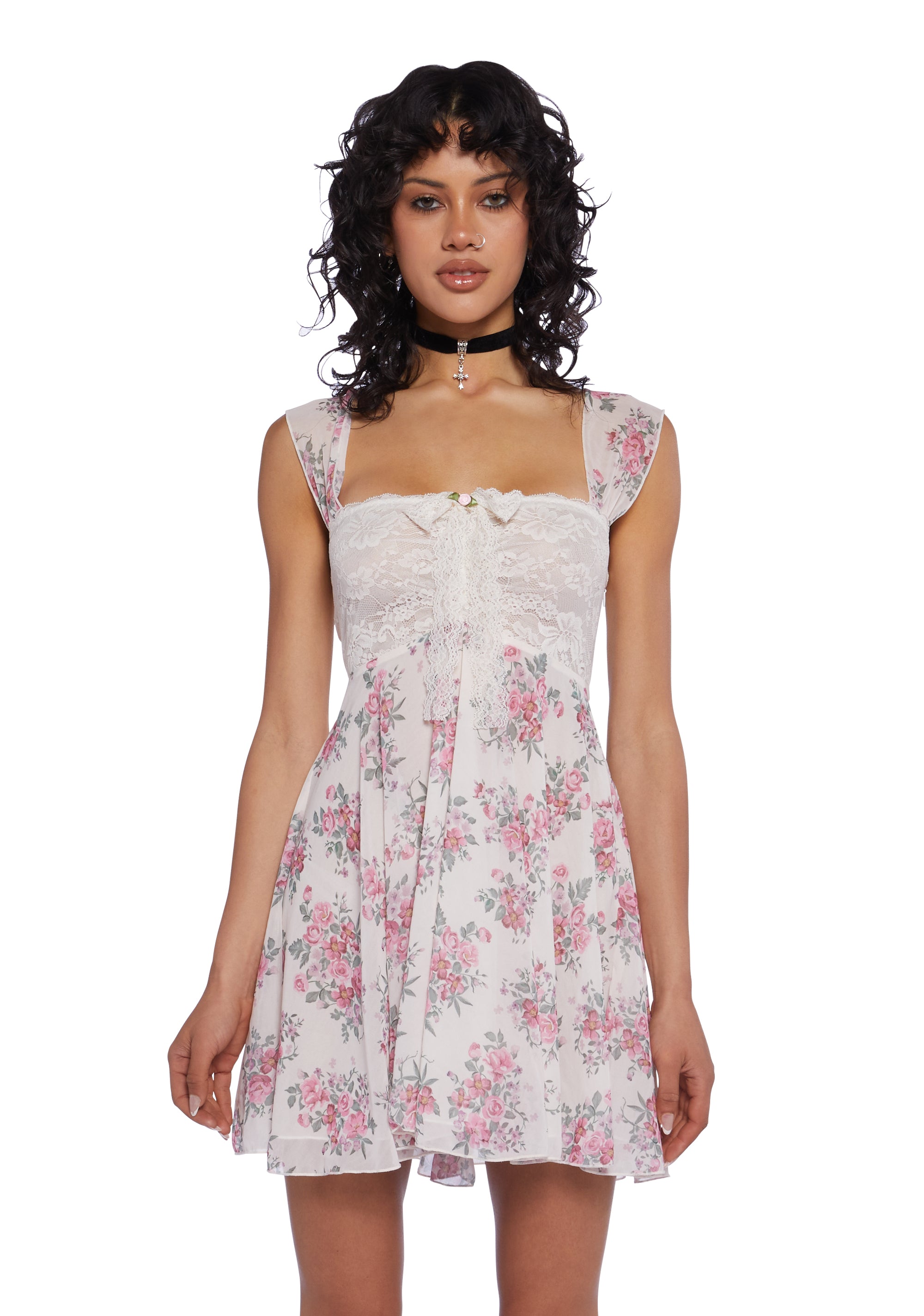 Current Mood Sheer Chiffon Lace Floral Babydoll Dress - Off