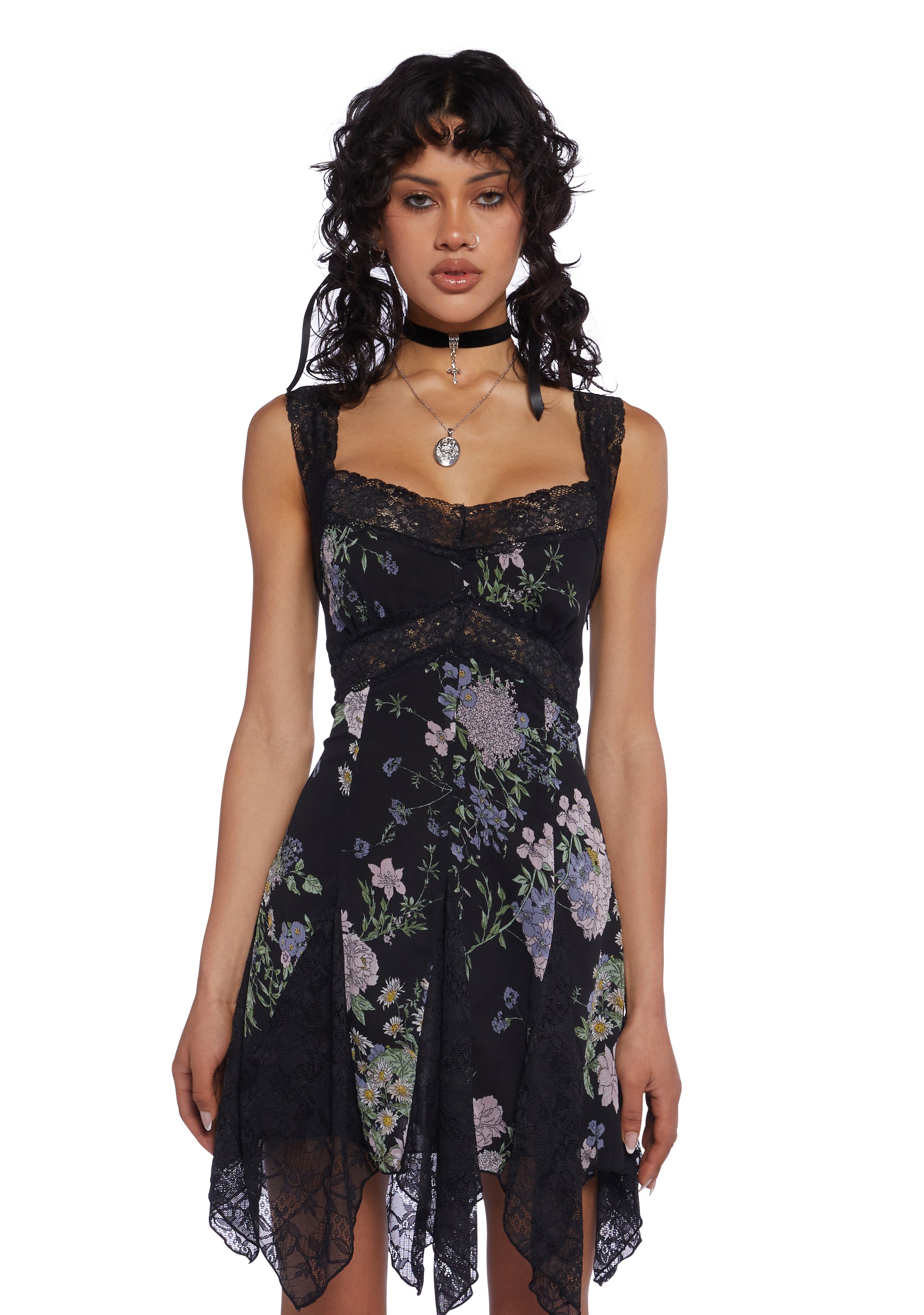 Current Mood Floral Lace Chiffon Mini Dress Summer - Black