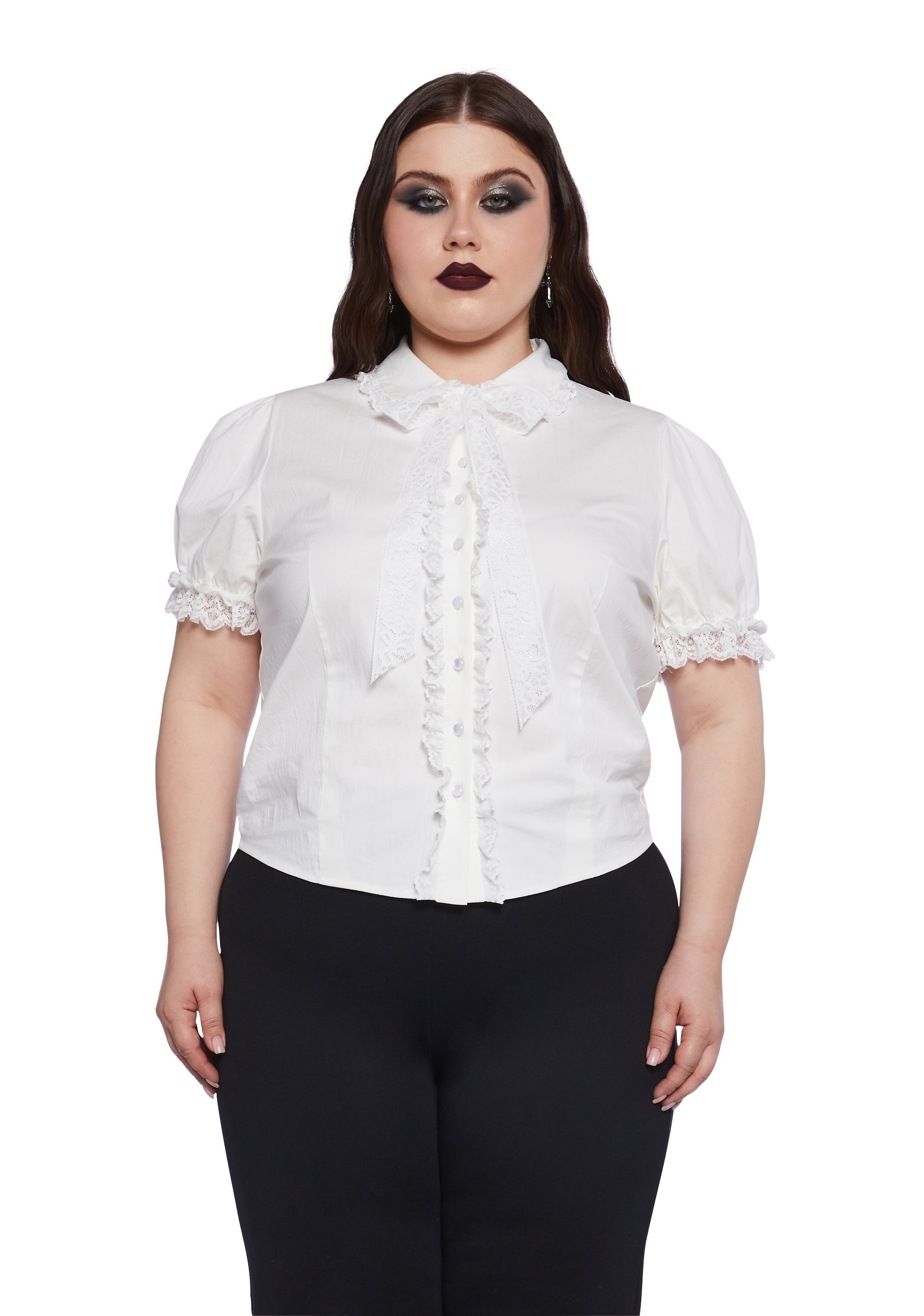 Plus Size Widow Goth Cutie Poplin Lace Collared Short Sleeve