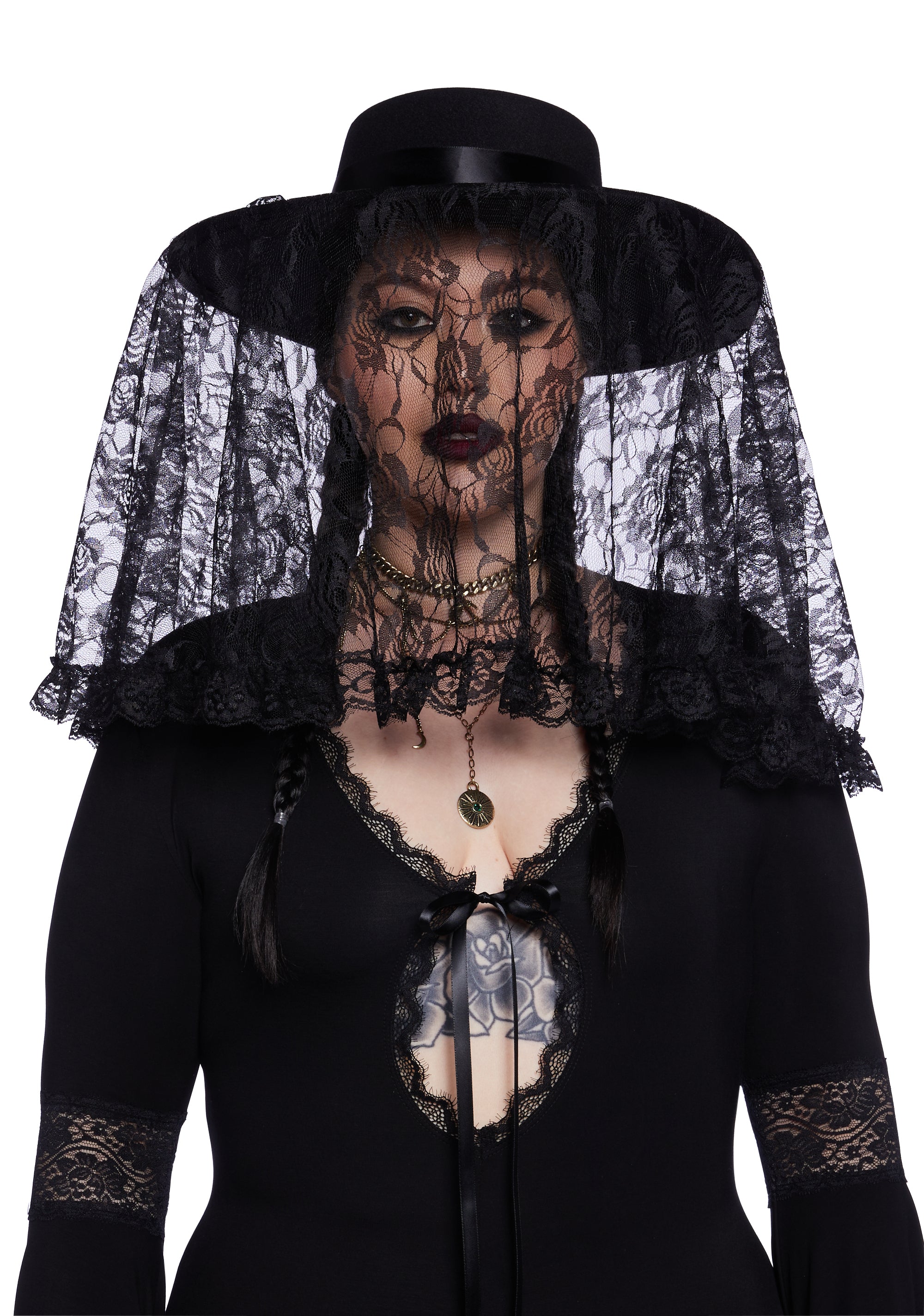Widow Felt Hat With Lace Veil Black – Dolls Kill - Main Image