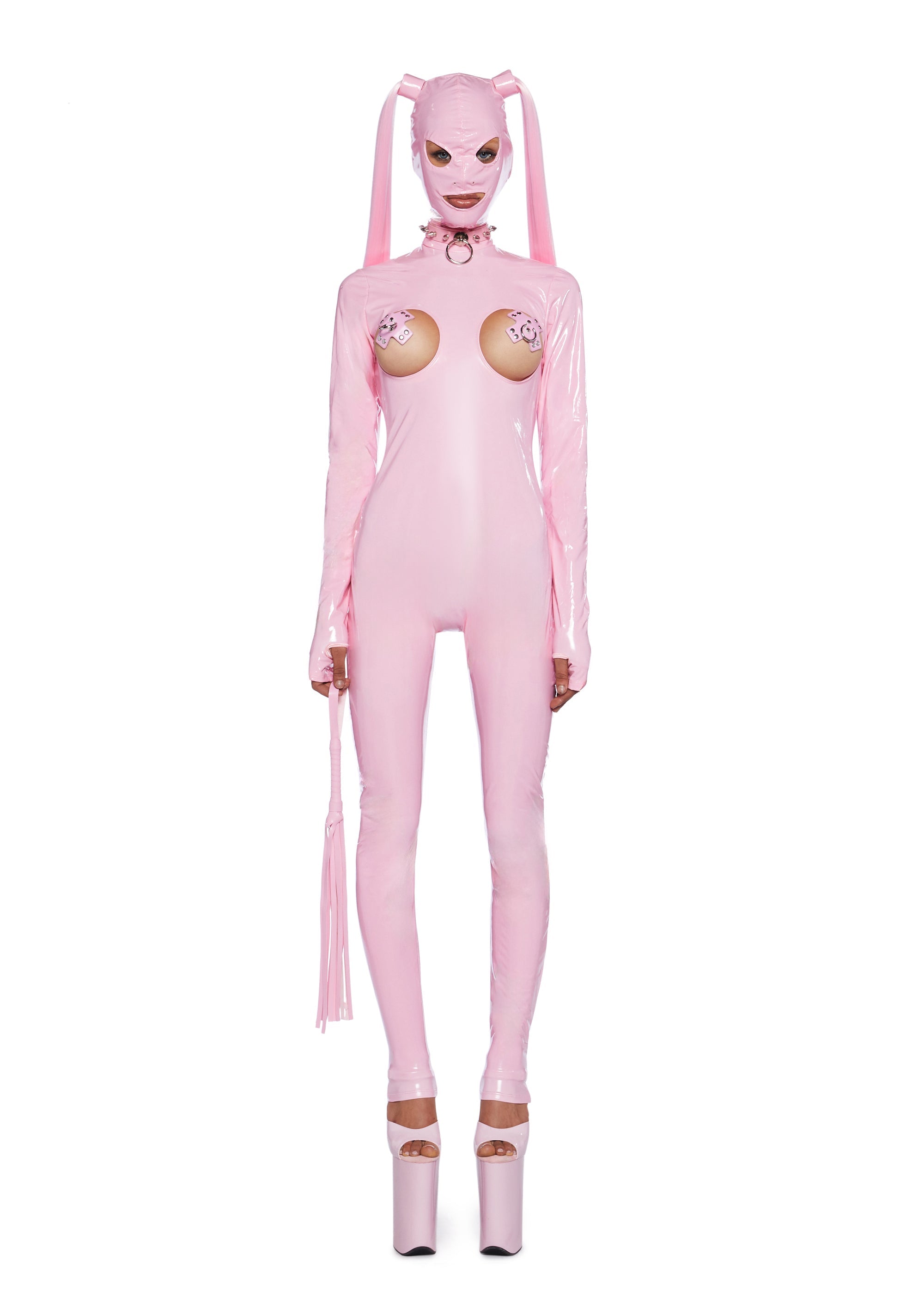 Sexy Womans Halloween Costume Gimp Girly Vinyl Costume Set - Pink Sexy Womans Halloween Costume Gimp Girly Vinyl Costume Set - Pink