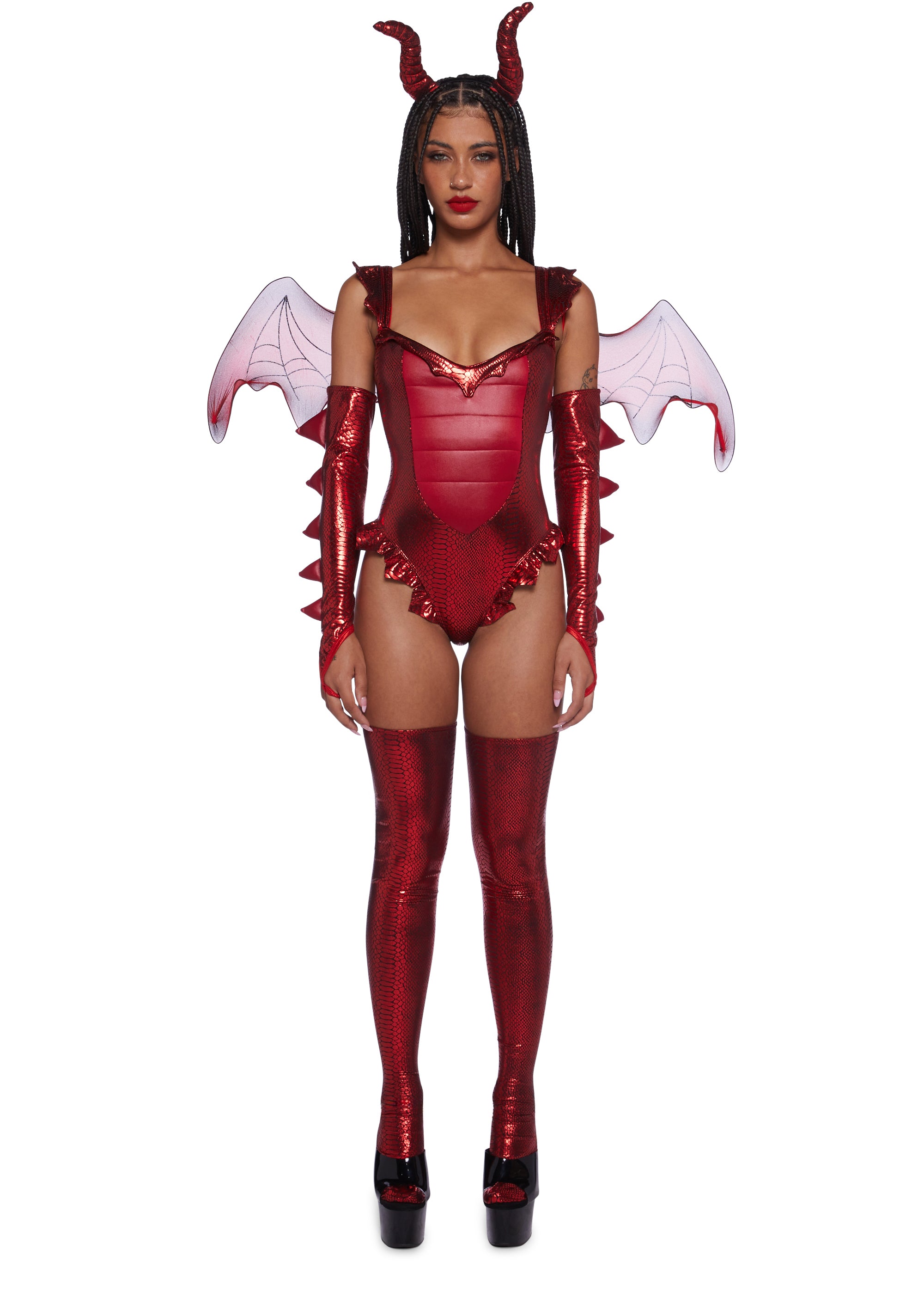Winged Fire Breather Dragon Sexy Womans Halloween Costume Bodysuit Costume Set - RED RED / 2X Winged Fire Breather Dragon Sexy Womans Halloween Costume Bodysuit Costume Set - RED RED / 2X
