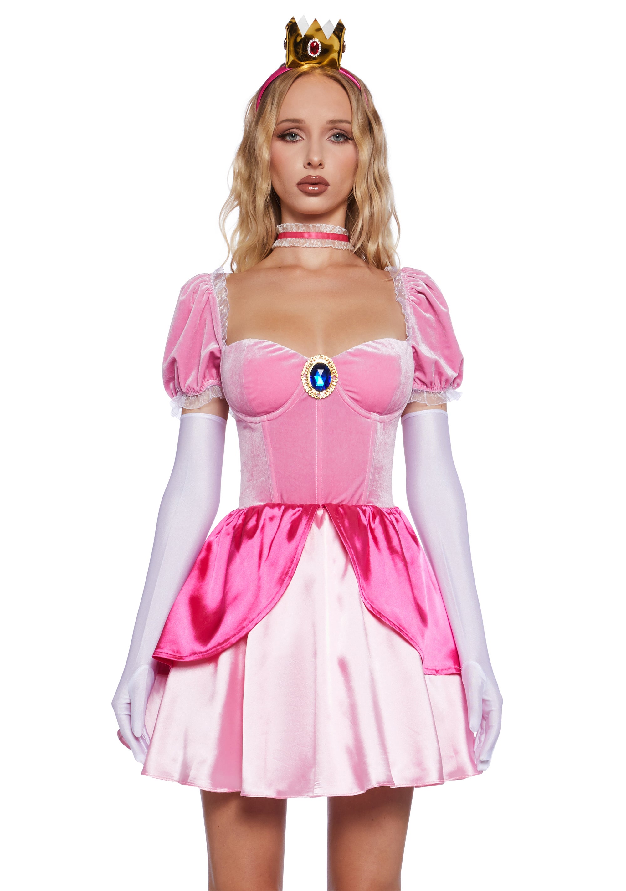 Sexy Womans Halloween Costume Super Mario Nintendo Video Game Princess Peach Mini Dress And Crown Costume Set Pink