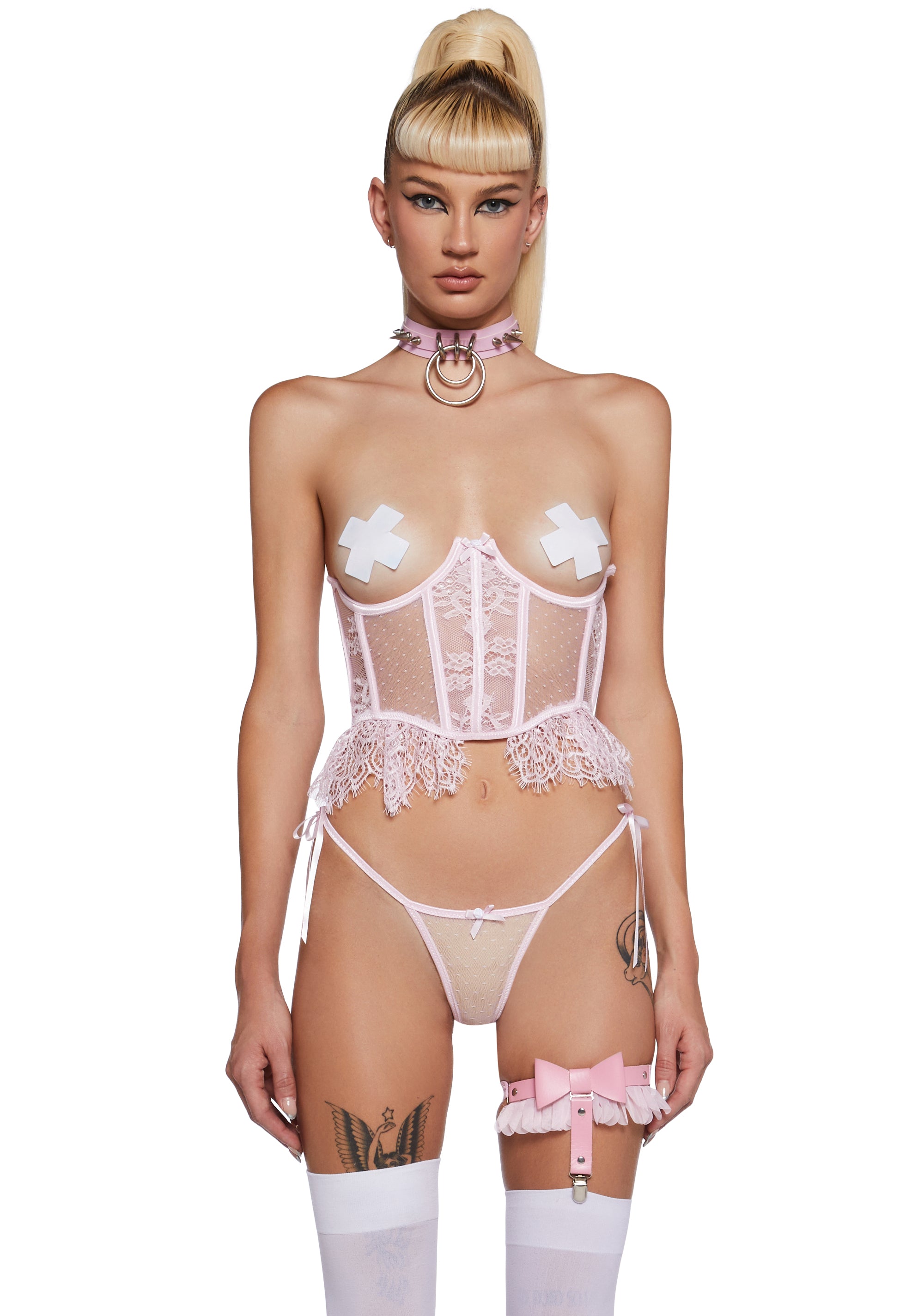 Sheer Lace Swiss Dot Bustier And Panty Lingerie Sexy Set Regency Core - Pink Dolls Kill Sheer Lace Swiss Dot Bustier And Panty Lingerie Sexy Set Regency Core - Pink Dolls Kill