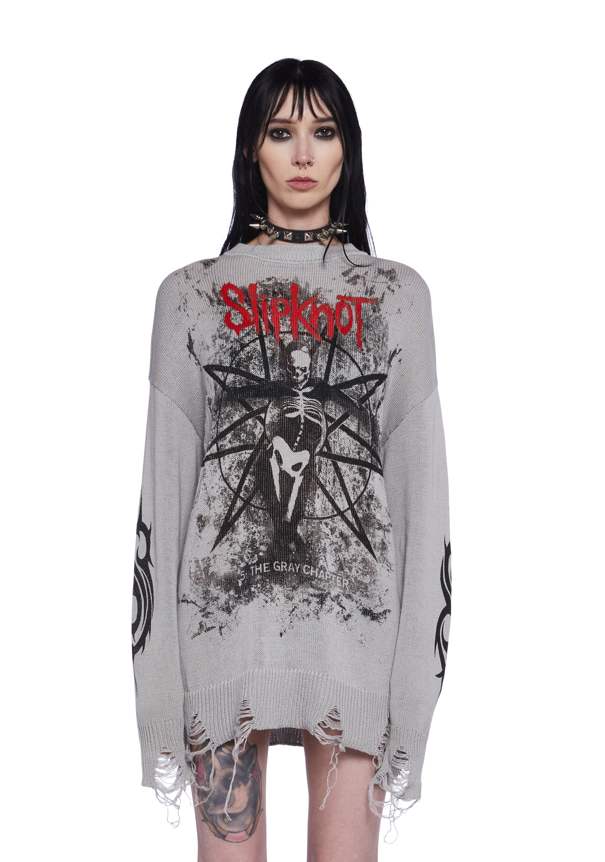 Dolls Kill x Slipknot Band Logo Album Cover Distressed Sweater - Gray