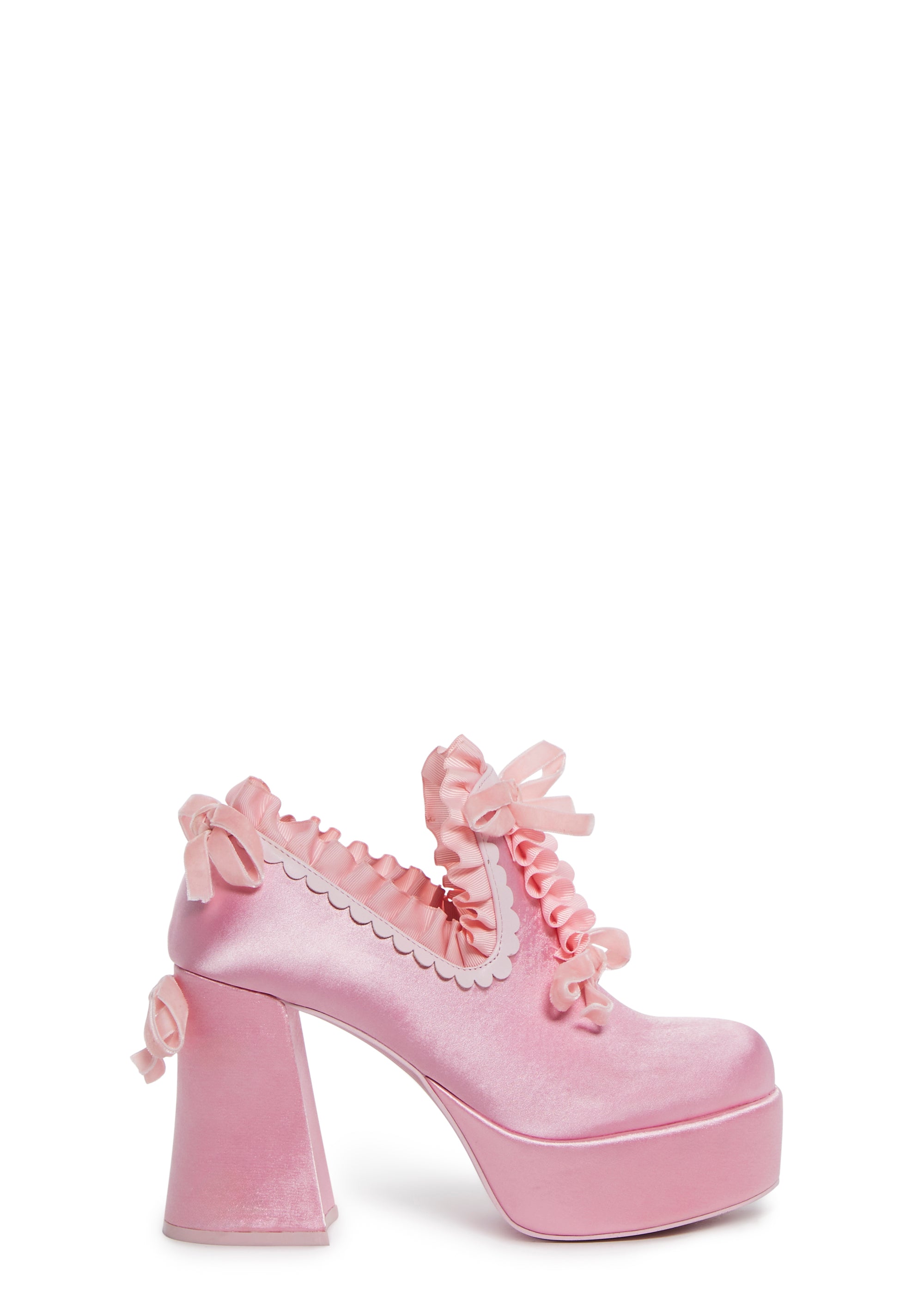 Trickz N Treatz Halloween Marie Antoinette Regency Satin Ruffle Slip On Block Platform Heels Pink Dolls Kill