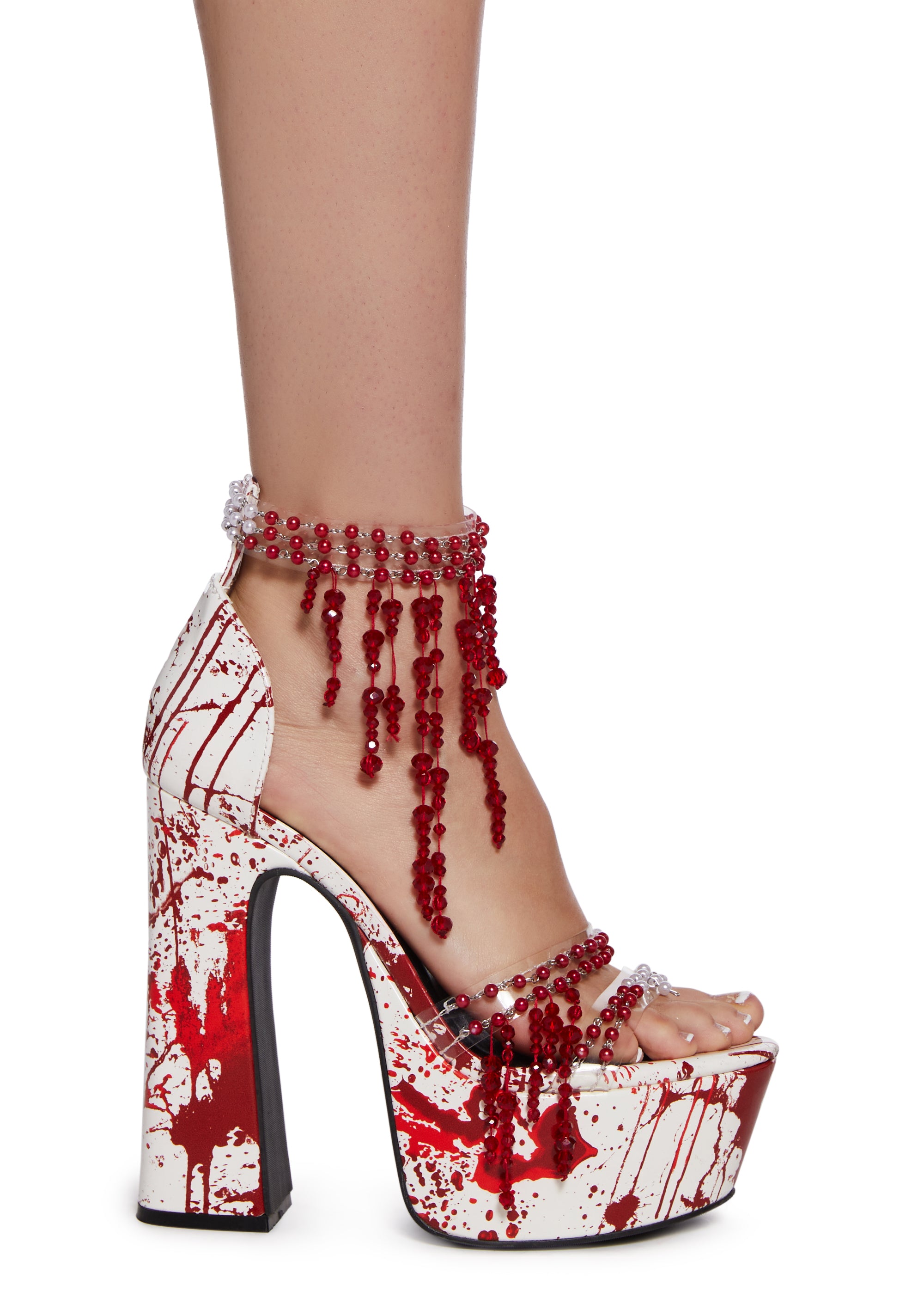 Trickz N Treatz Halloween Beaded Gemstone Blood Dripping Splatter Platform Heels White Dolls Kill