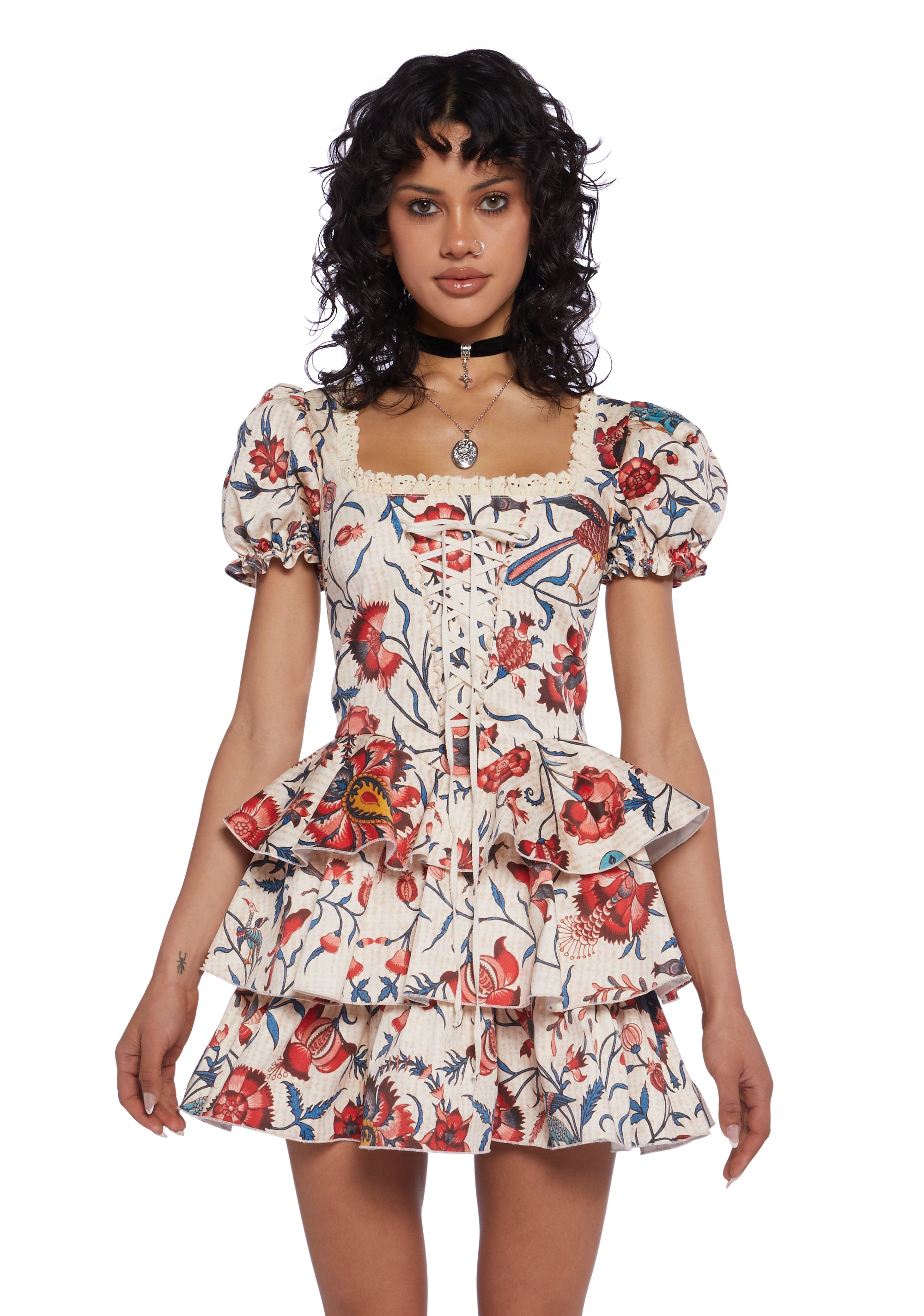 Current Mood Print Tiered Mini Dress With Puffy Sleeves