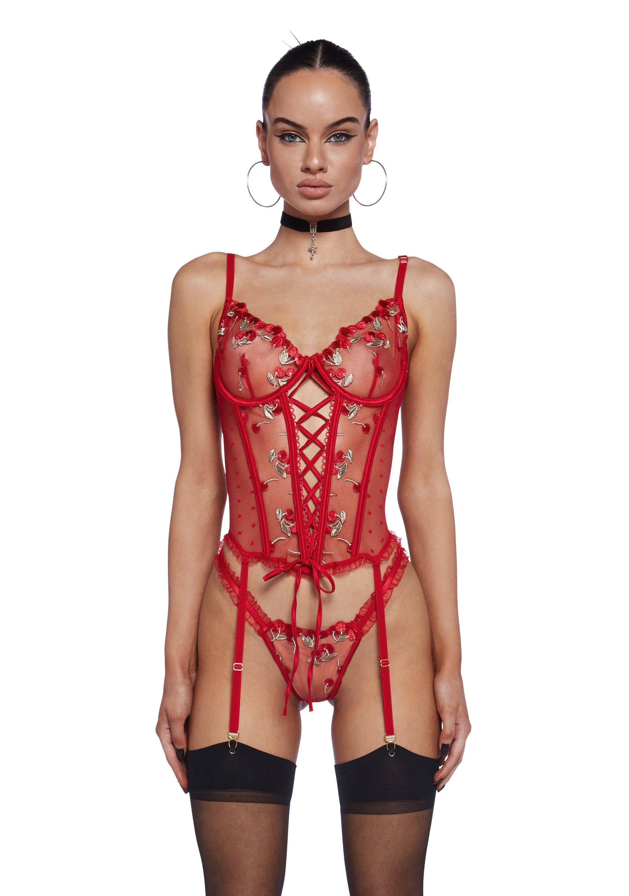 Embroidered Cherry Bustier Corset And Thong Panty Set - Red Dolls Kill Embroidered Cherry Bustier Corset And Thong Panty Set - Red Dolls Kill