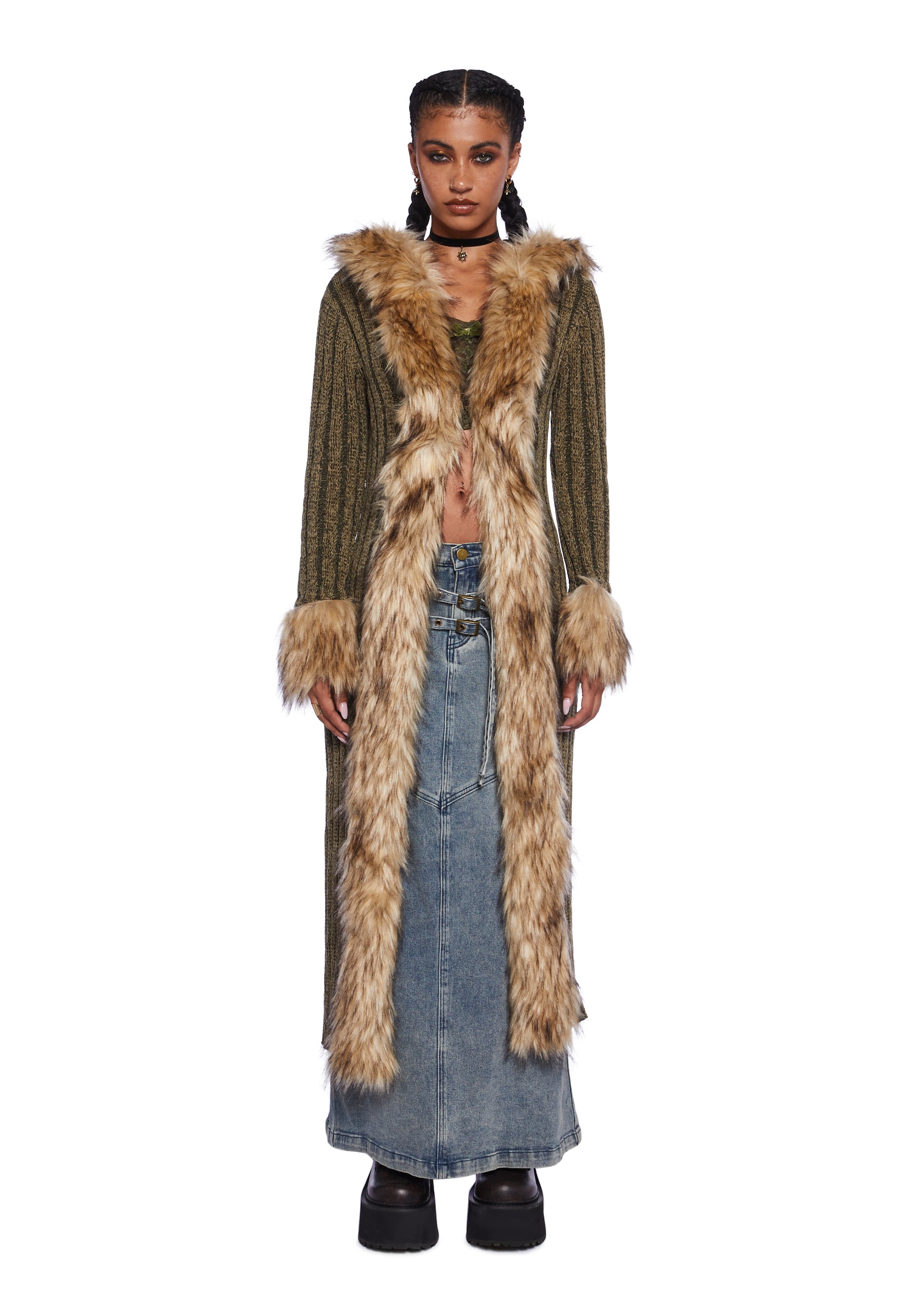 Current Mood Two Tone Ribbed Chenille Fur Coat Multi Dolls Kill