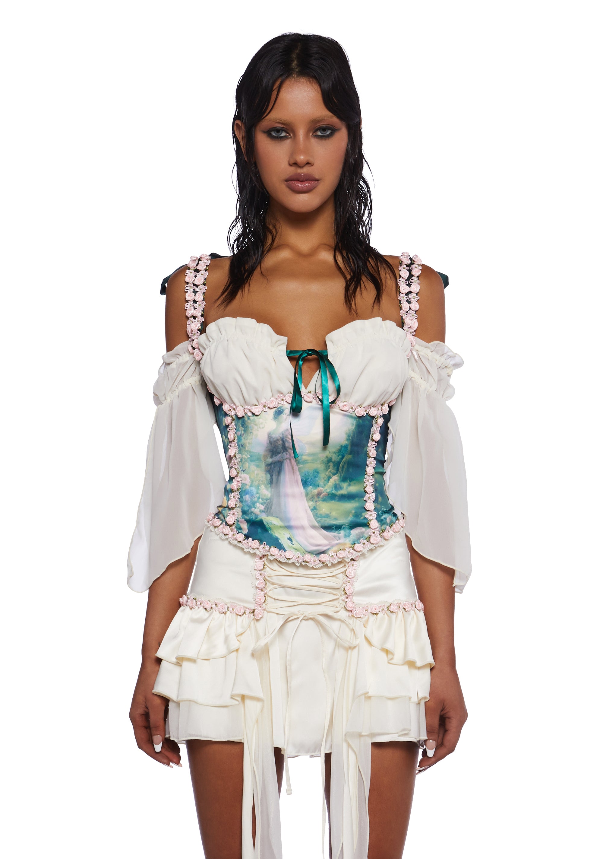 Sugar Thrillz Fae Print Puff Sleeve Rosebud Lace-Up Corset Top