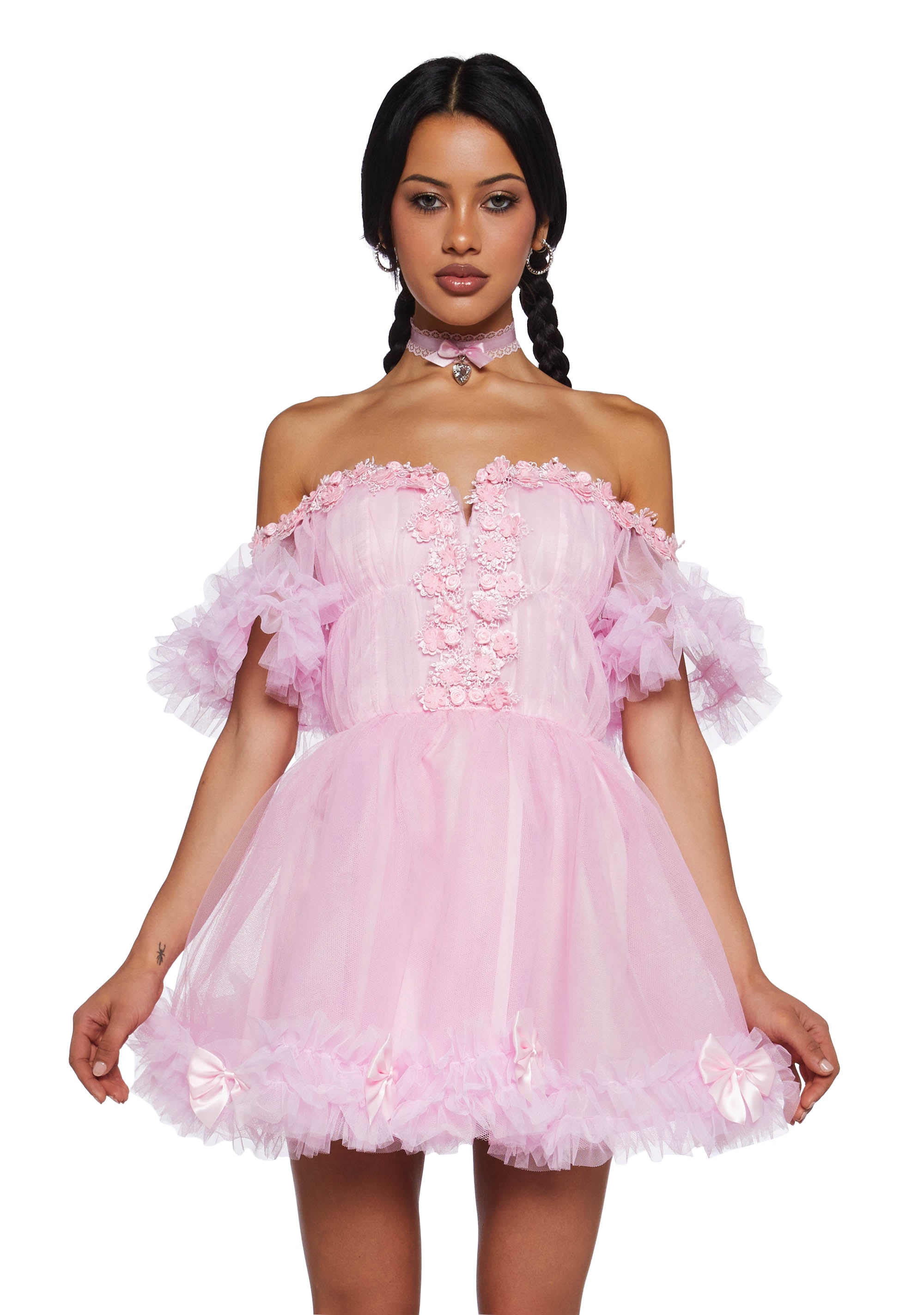 Sugar Thrillz Tulle Off The Shoulder Mini Dress With Bows Pink