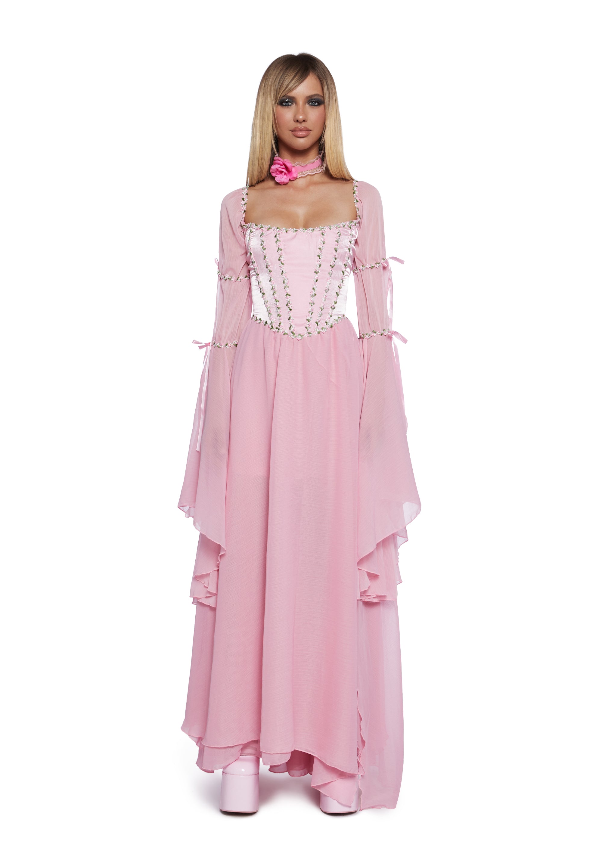 Sugar Thrills Corset Maxi Dress With Floral Embroidery Fairycore Fairy Renaissance Renfaire Princess Pink Dolls Kill
