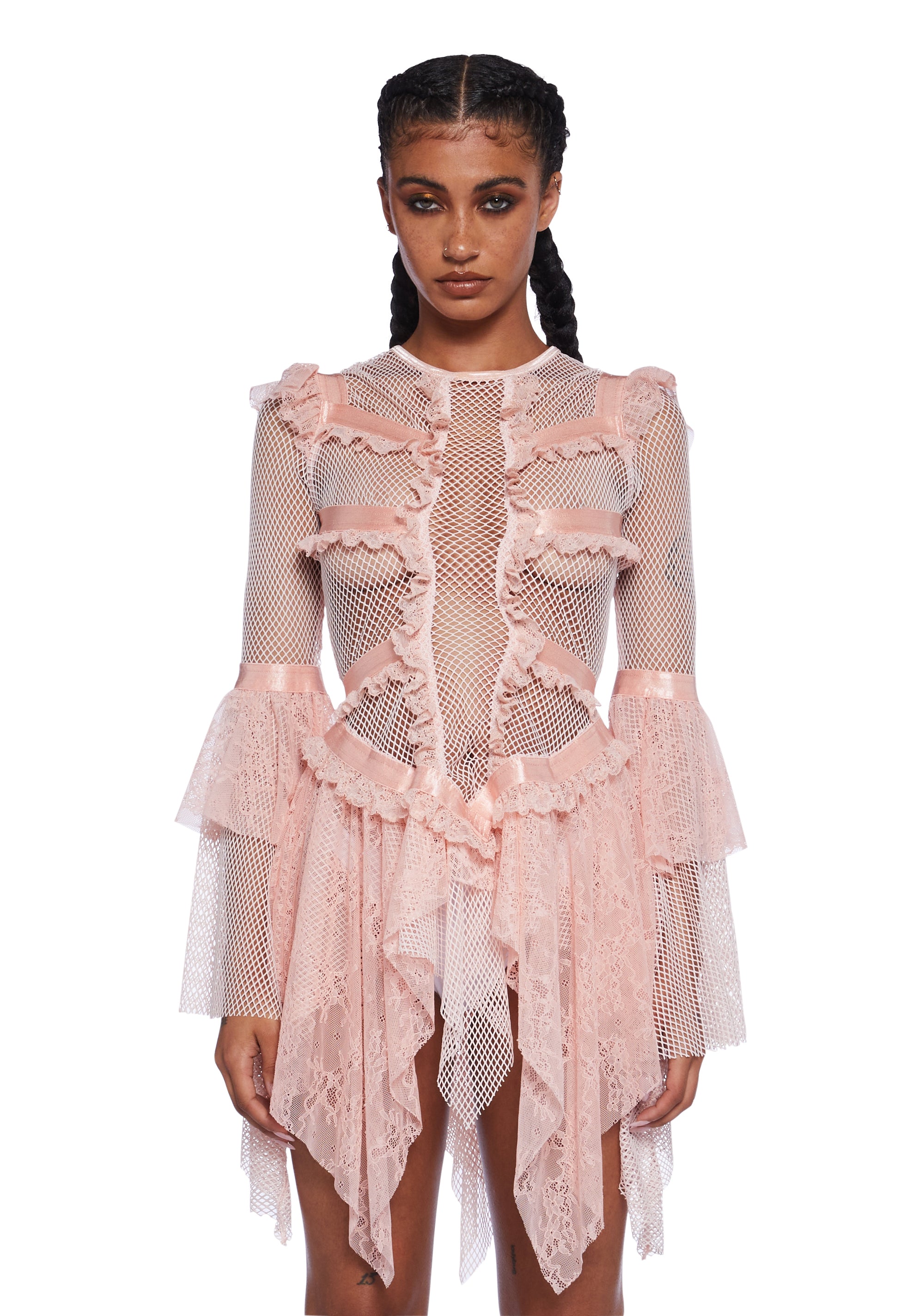 Club Exx Burning Man Sheer Fishnet Lace Trim Bell Sleeve Mini Dress Burning Man- Pink Club Exx Burning Man Sheer Fishnet Lace Trim Bell Sleeve Mini Dress Burning Man- Pink