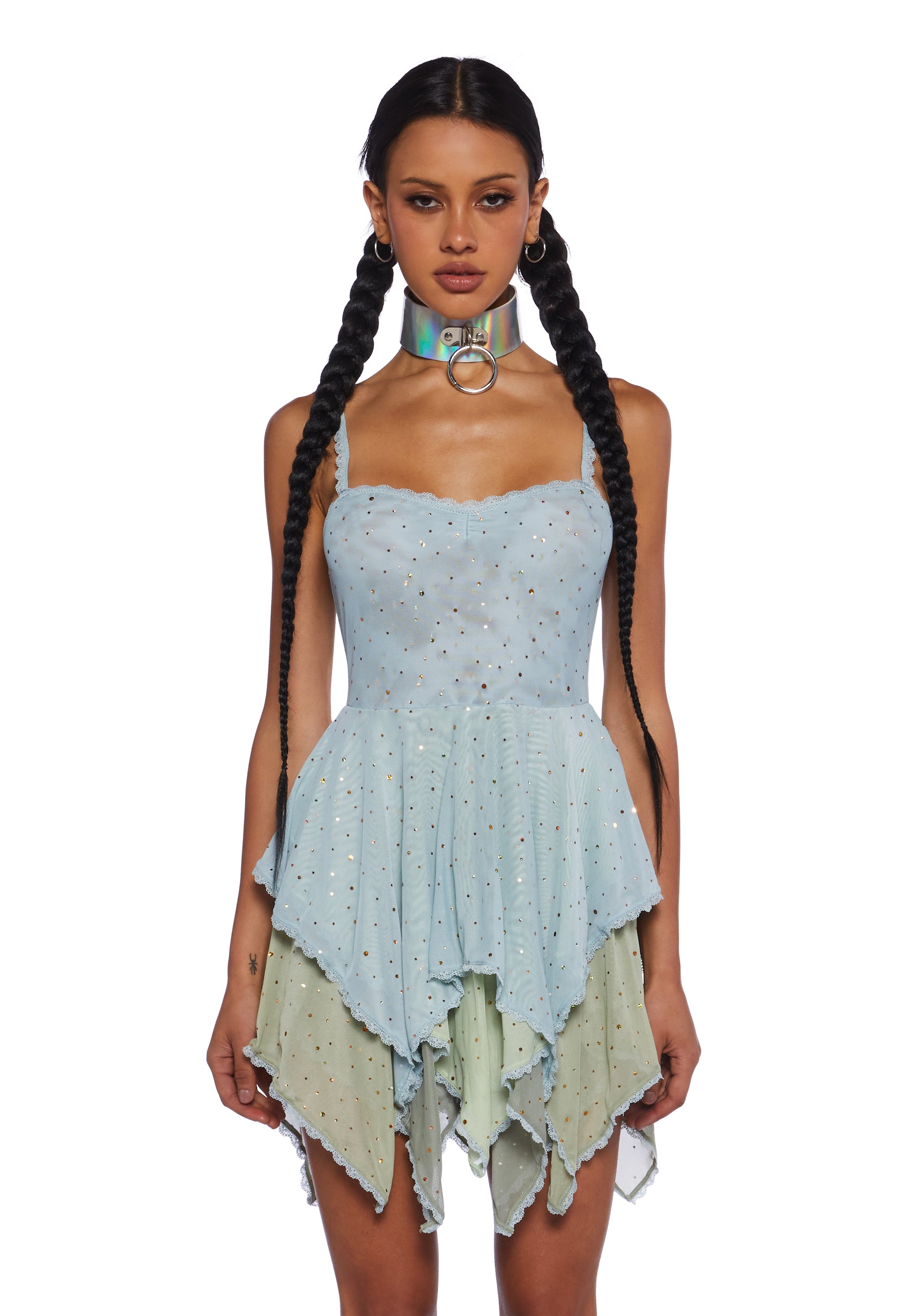 Club Exx Mesh Holographic Burning Man Dot Handkerchief Hem Mini Dress Fairycore Fairy Festival - Green/Blue Dolls Kill Club Exx Mesh Holographic Burning Man Dot Handkerchief Hem Mini Dress Fairycore Fairy Festival - Green/Blue Dolls Kill