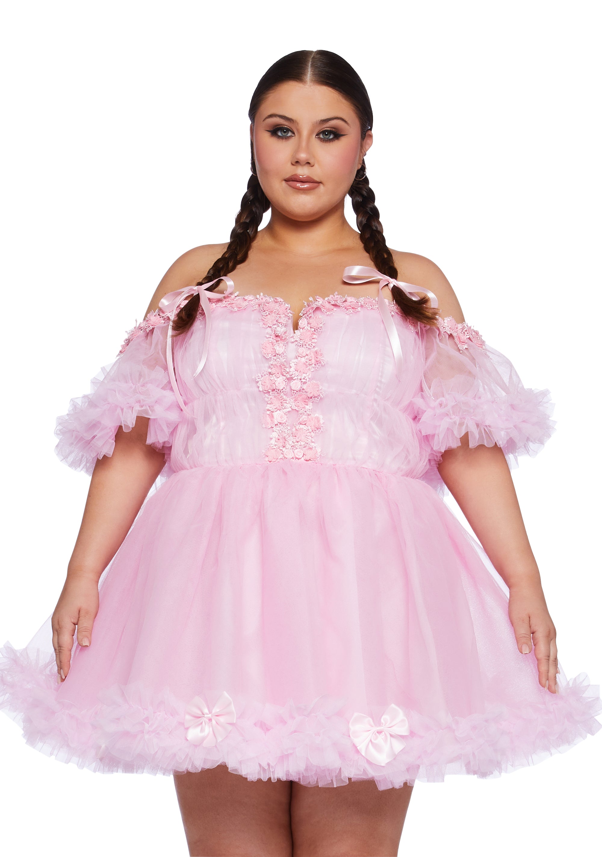 Plus Size Sugar Thrillz Tulle Off The Shoulder Mini Dress With Bows - Pink Dolls Kill Plus Size Sugar Thrillz Tulle Off The Shoulder Mini Dress With Bows - Pink Dolls Kill