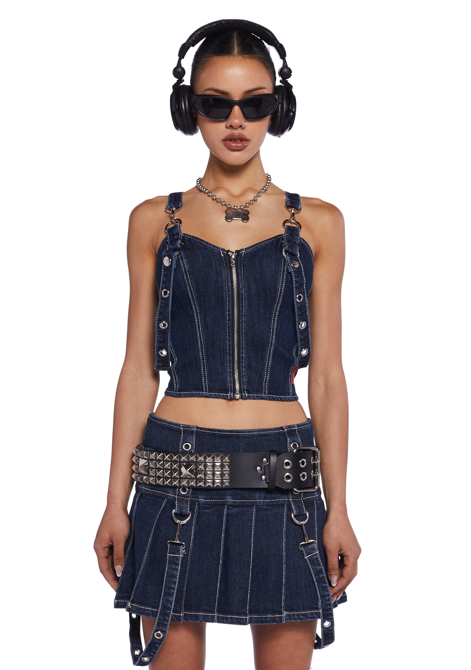 Tripp NYC Denim Paneled Grommet Zippered Corset Top Blue Dolls Kill