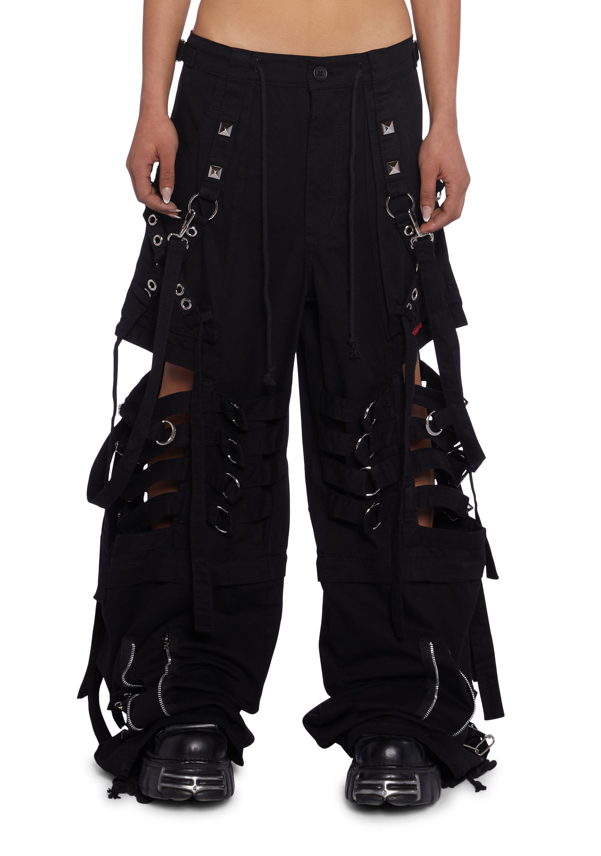 Tripp NYC Studded Zippered Cut-Out Wide Leg Denim Pants Black